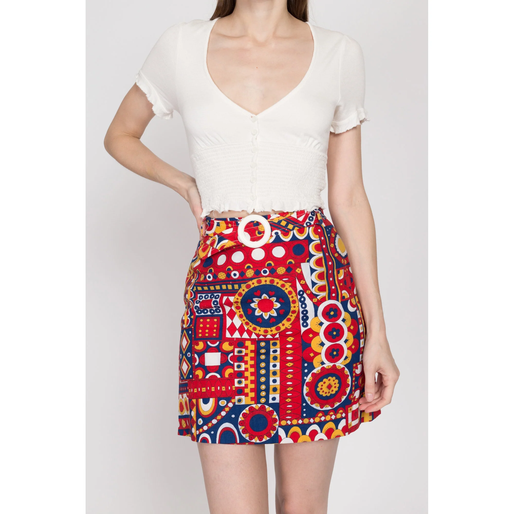 XS 60s Red Psychedelic Floral Belted Mini Skirt