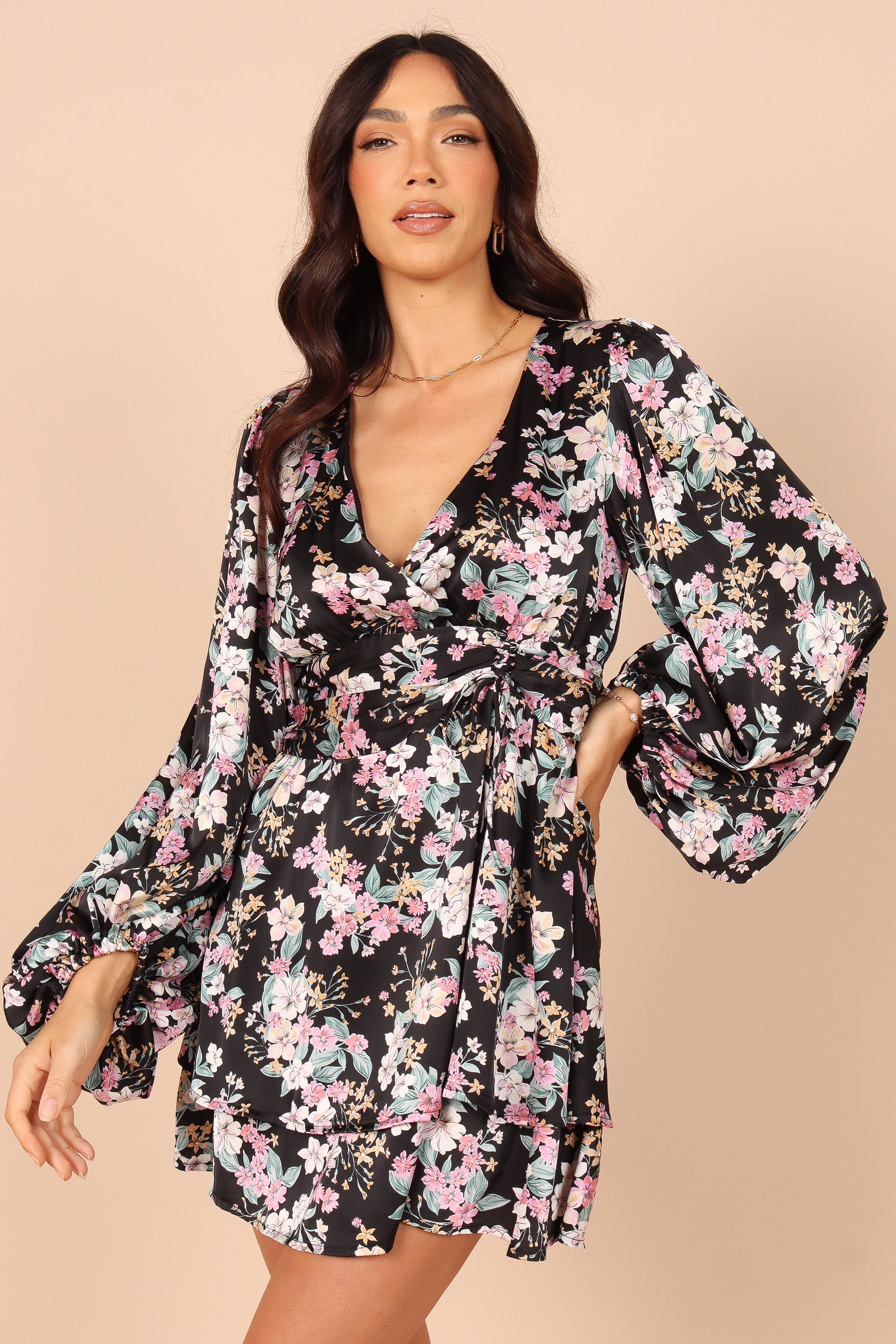 Reine Puff Sleeve Mini Dress - Black Floral