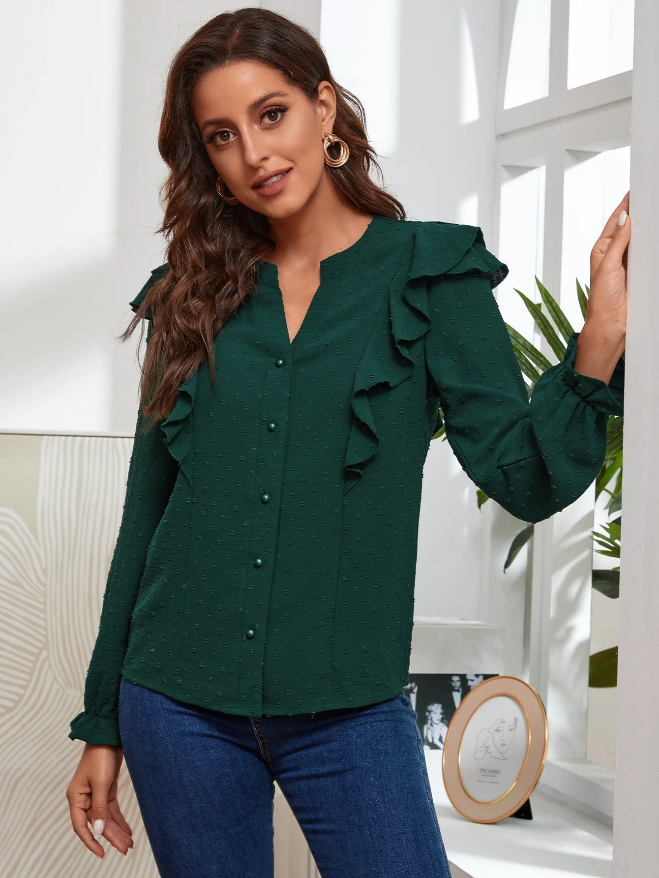 KittenAlarm - Notched Neck Ruffle Hem Blouse