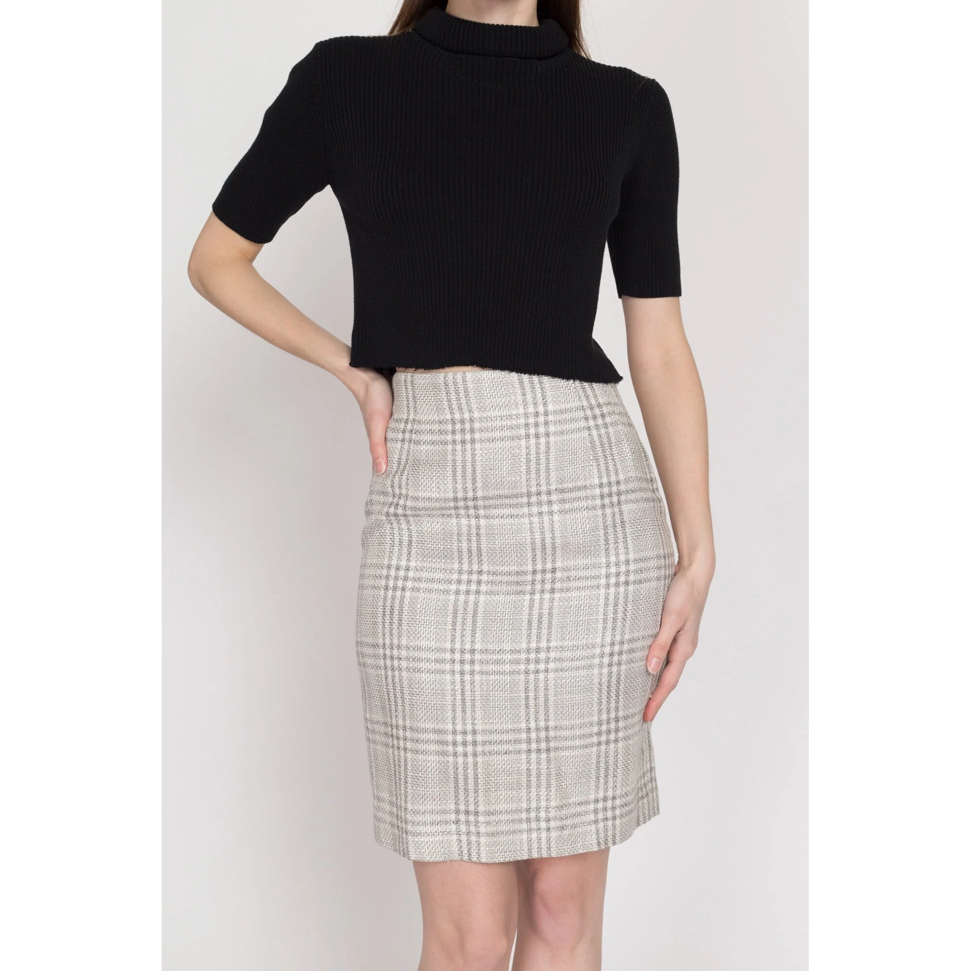 XS 90s Grey Plaid Woven Mini Pencil Skirt 24