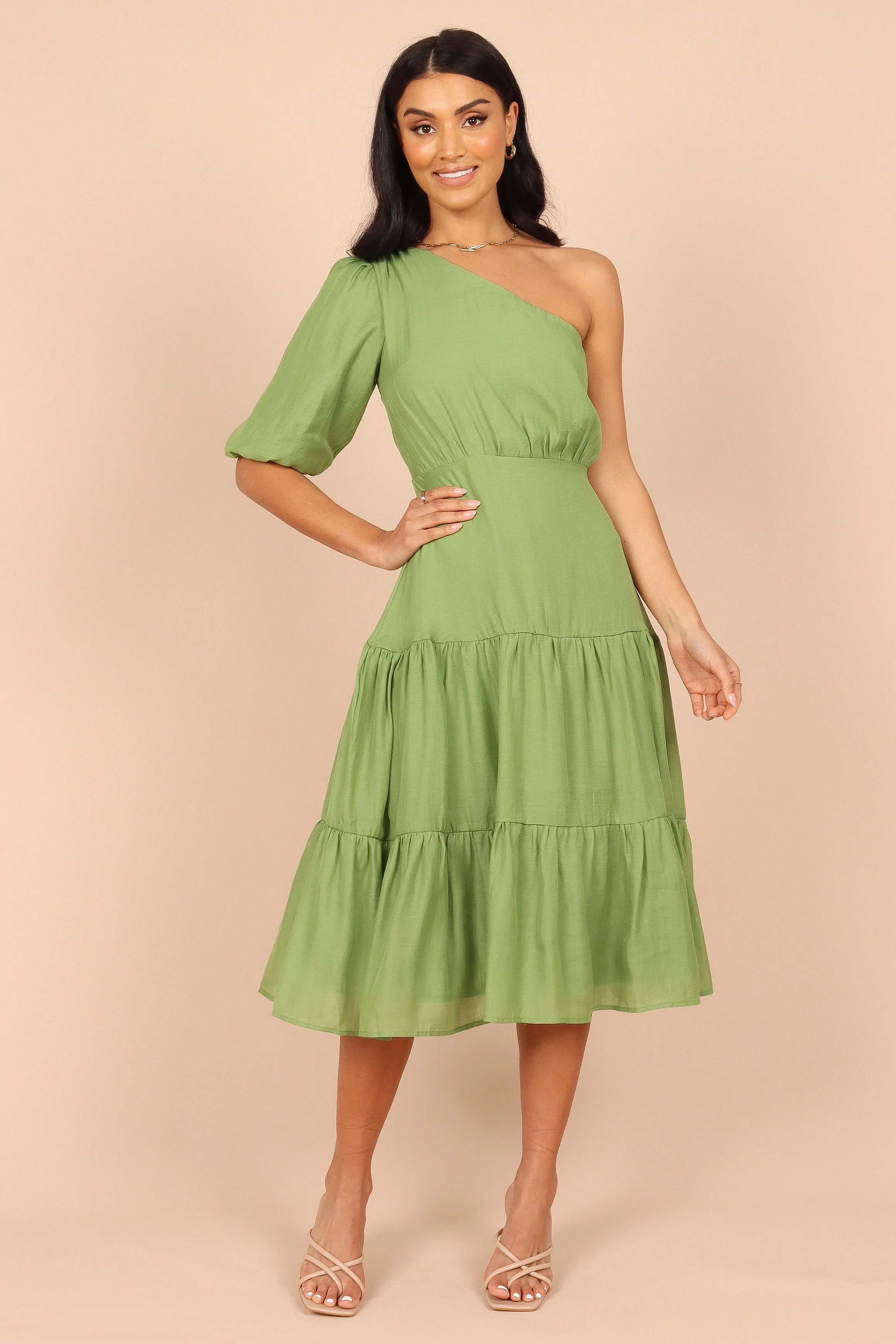 Milla One Shoulder Tiered Midi Dress - Green