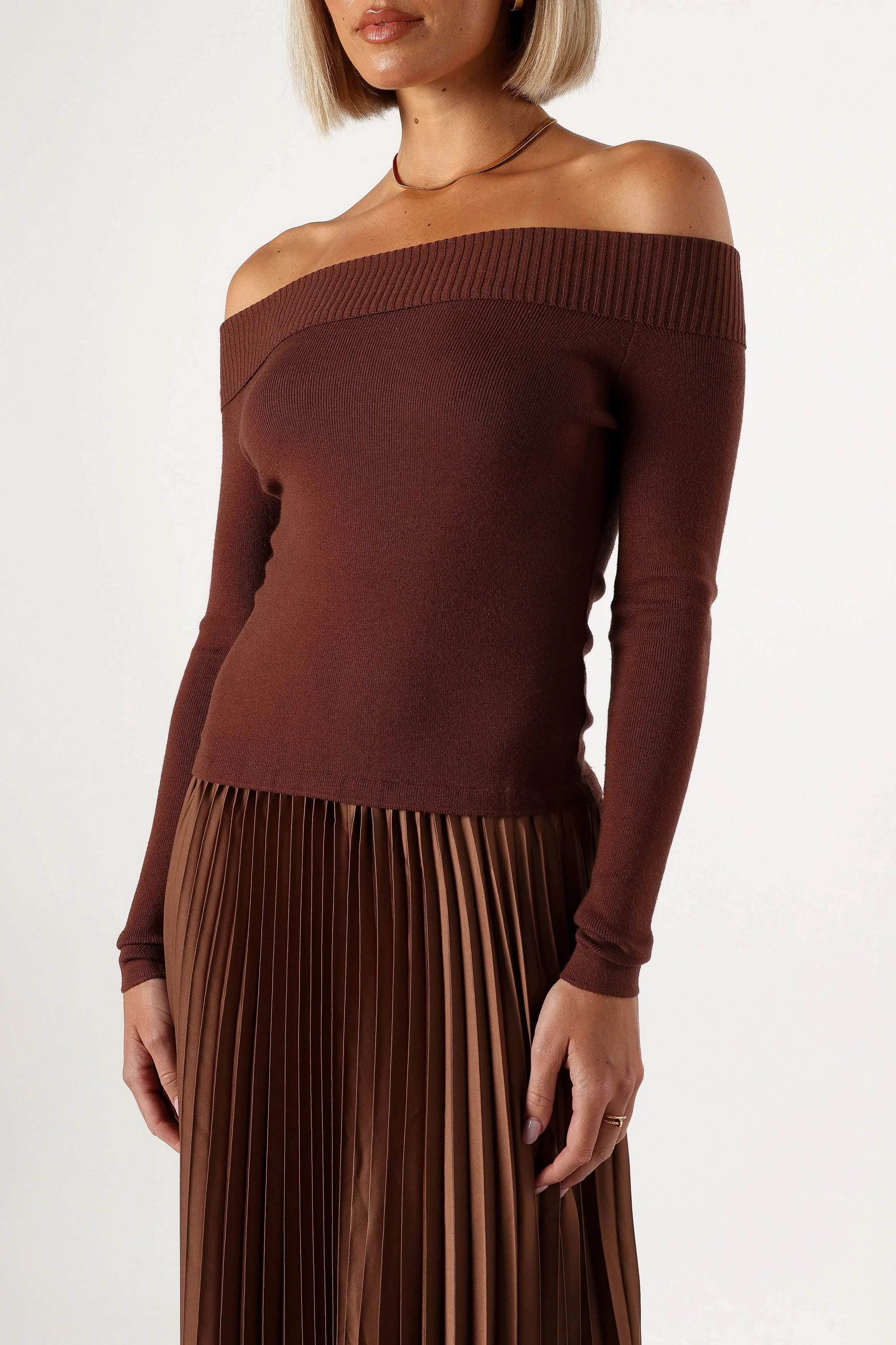Slate Off Shoulder Pleated Midi Dress - Bronze