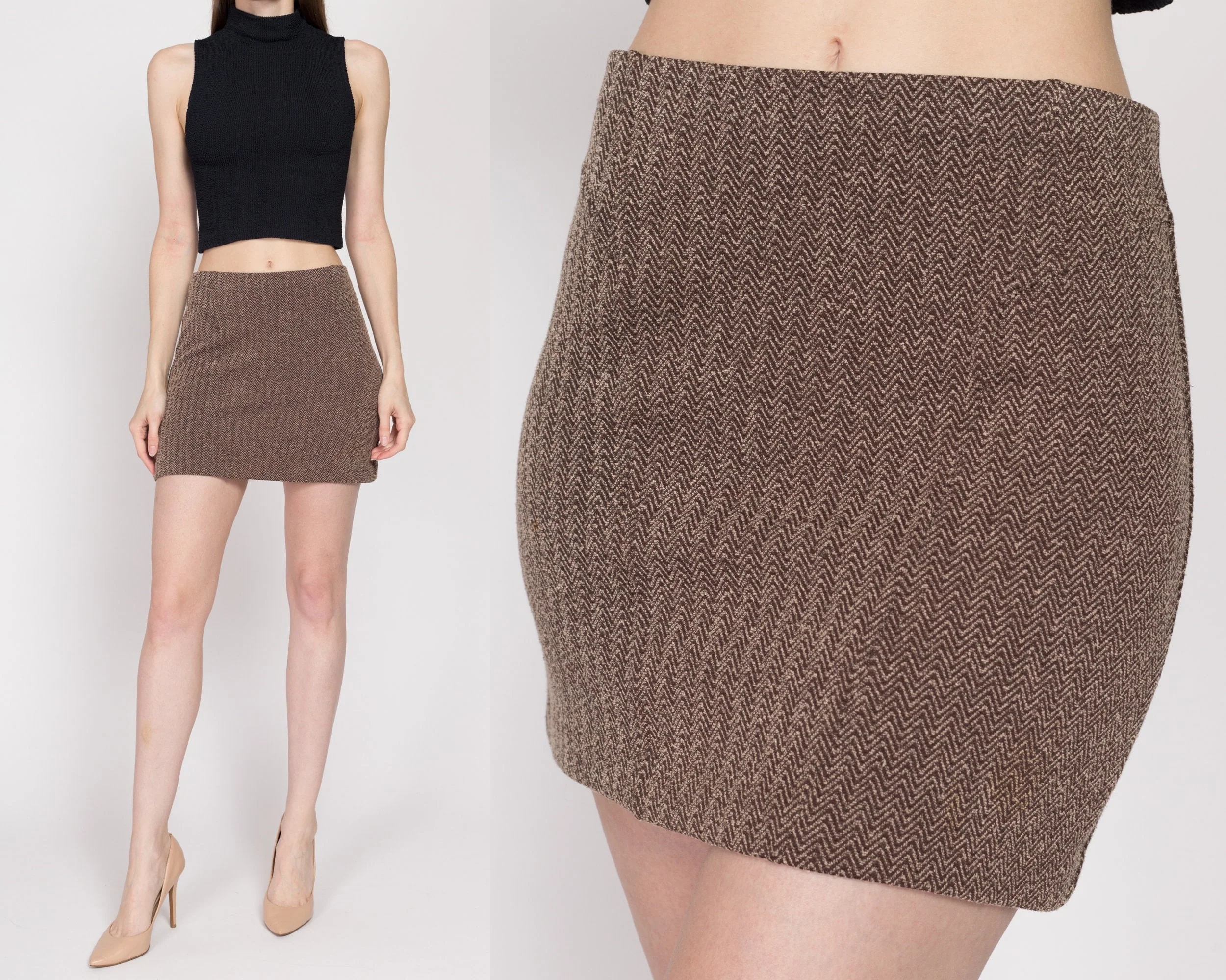 XS-Sm 90s Brown Herringbone Knit Mini Skirt