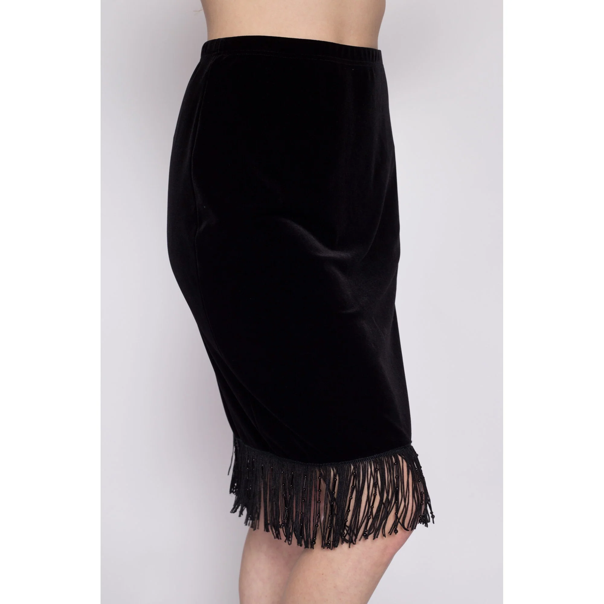 90s Beaded Fringe Black Velvet Mini Skirt - Medium