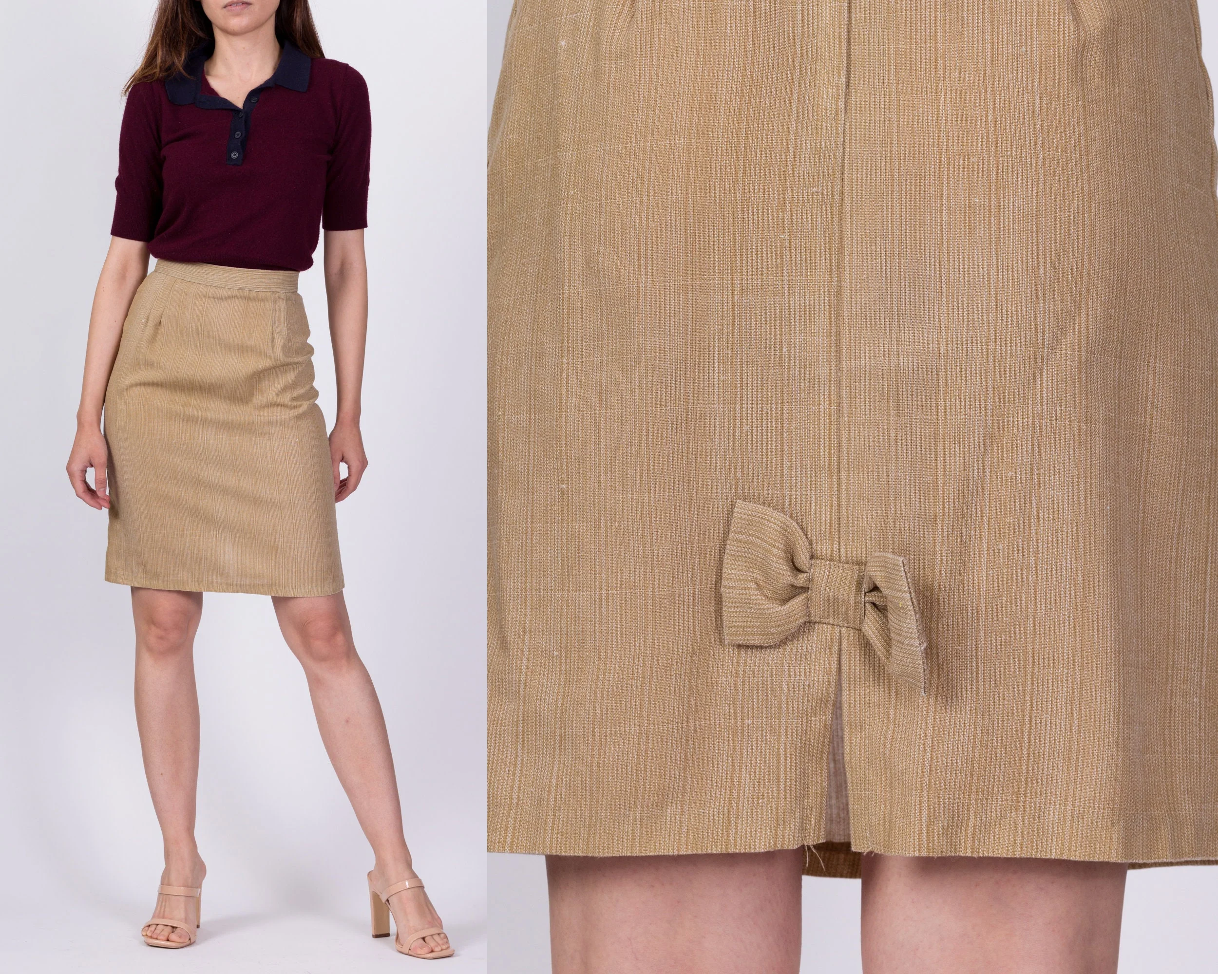 80s Tan Bow Pencil Skirt - Extra Small, 23.5