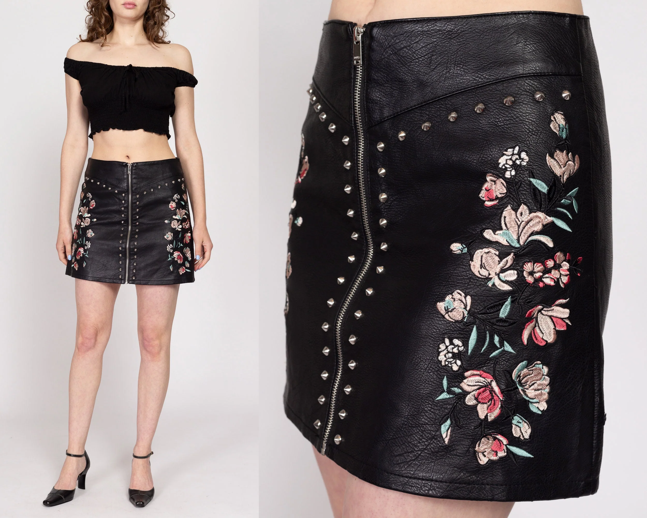 Medium Y2K Black Floral Studded Faux Leather Mini Skirt 29