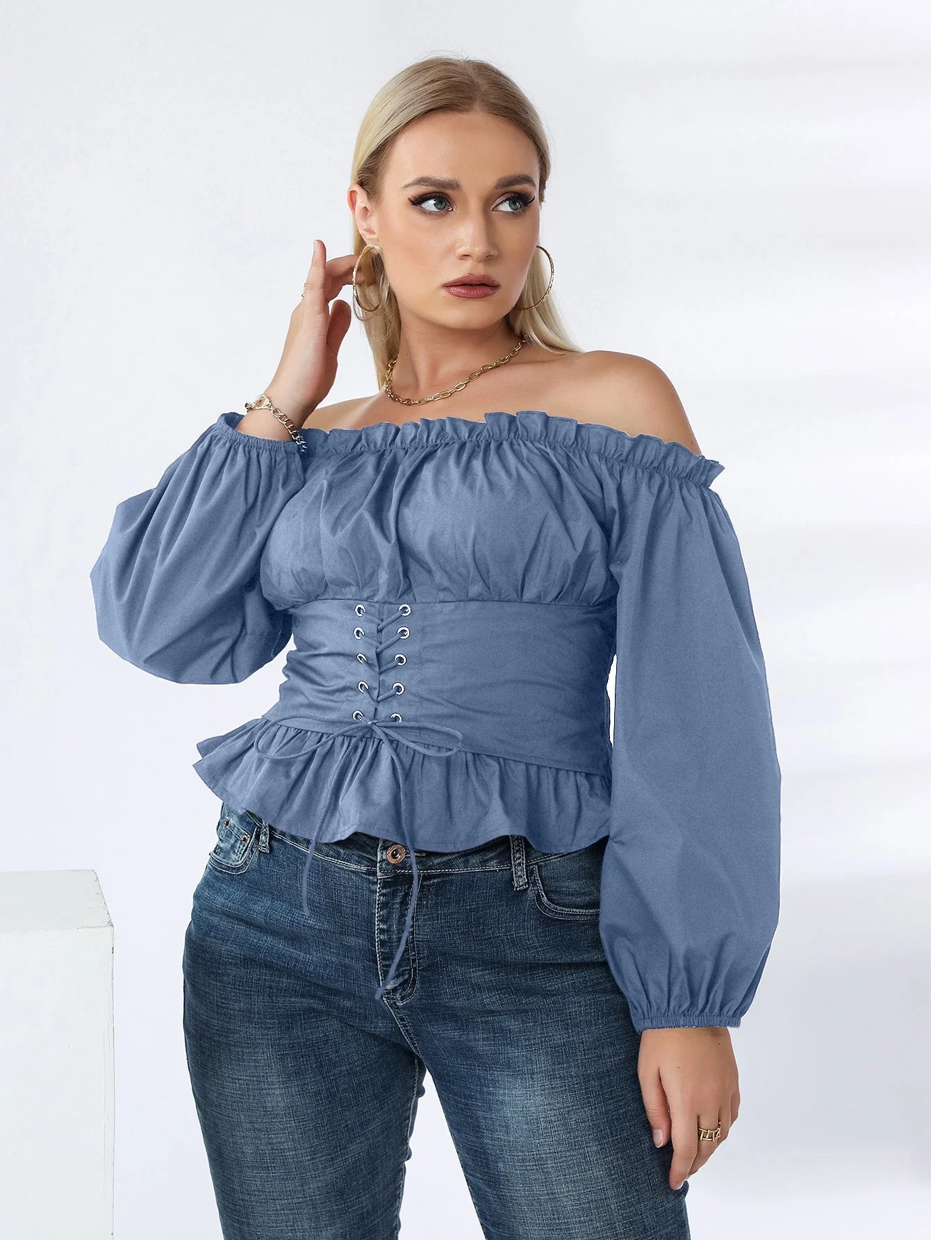 KittenAlarm - Plus Off Shoulder Lace Up Ruffle Hem Peplum Blouse