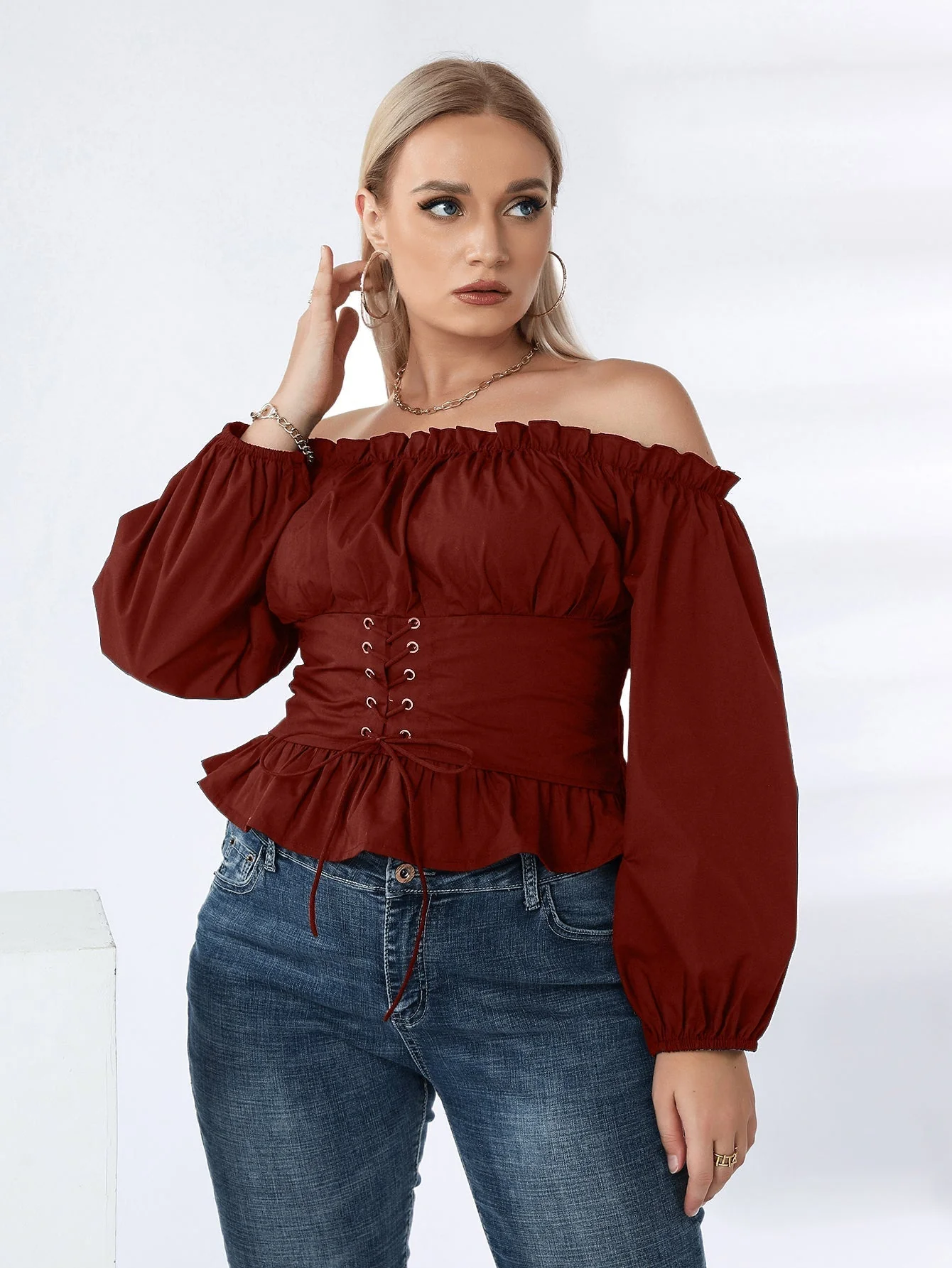 KittenAlarm - Plus Off Shoulder Lace Up Ruffle Hem Peplum Blouse