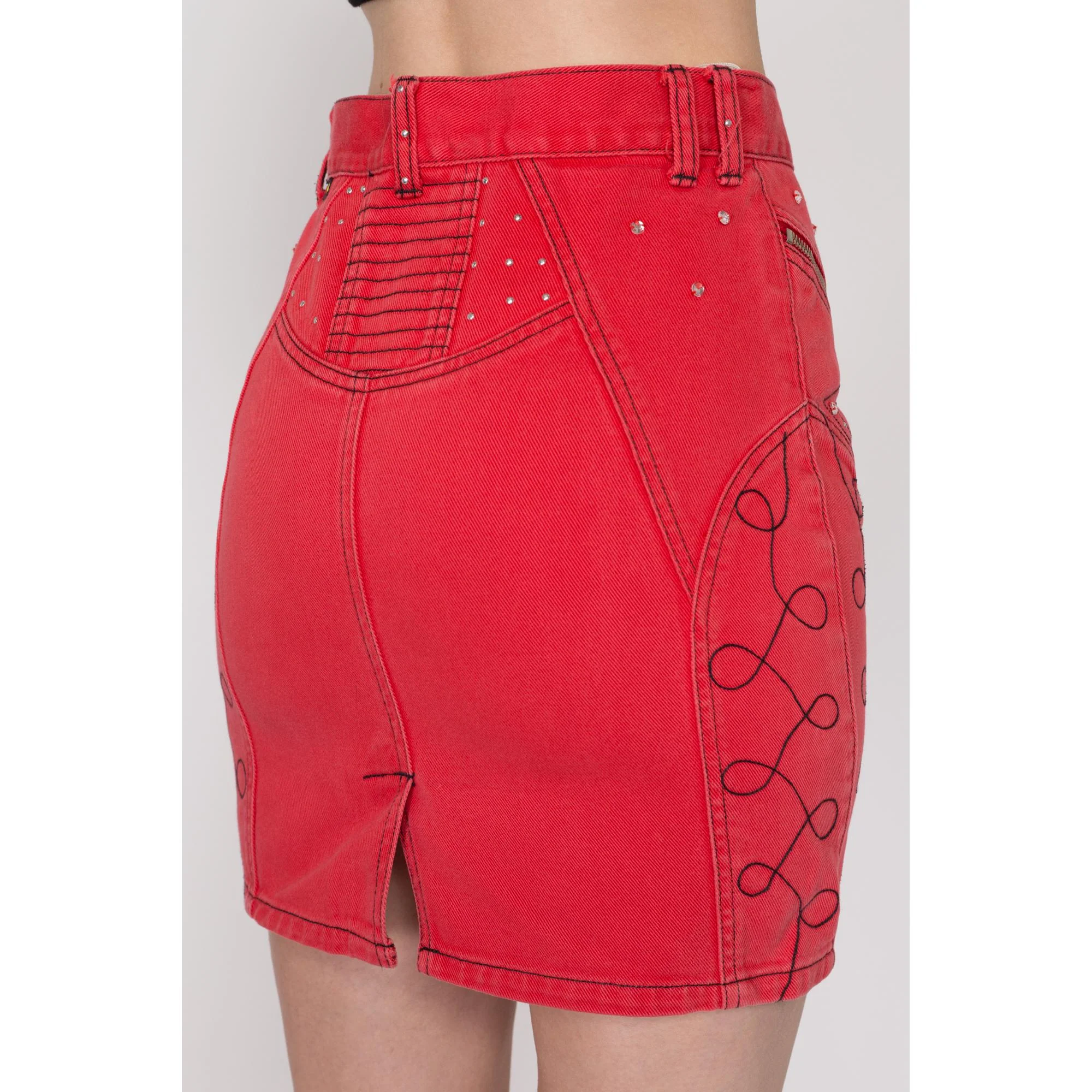 Small 90s Red Denim Embellished Mini Skirt 27