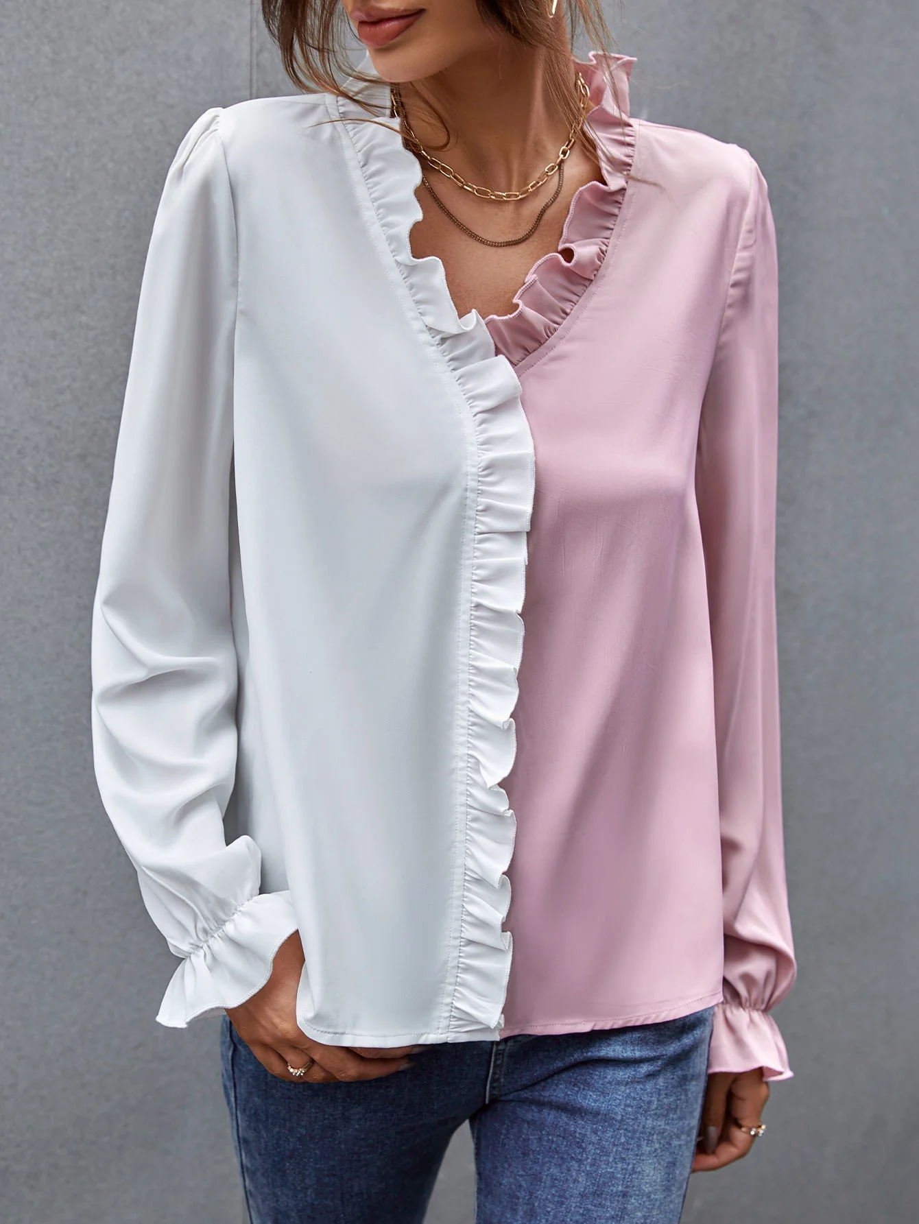 KittenAlarm - Two Tone Ruffle Hem Blouse