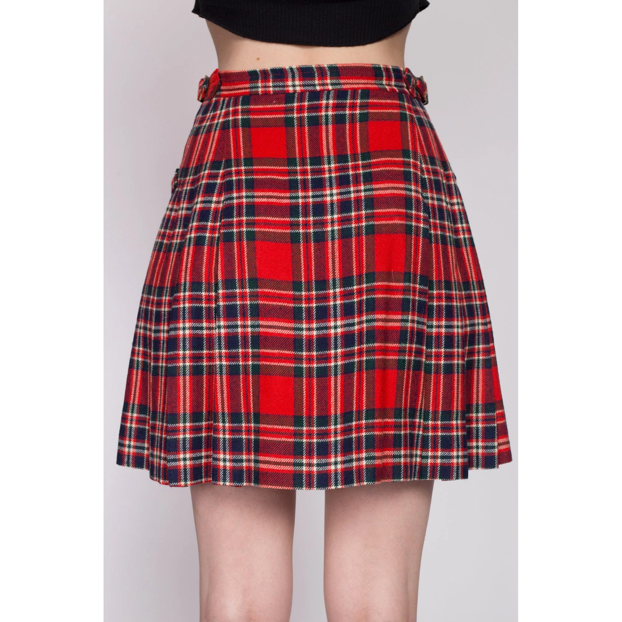 XS 80s Red Plaid Mini Kilt Wrap Skirt 23