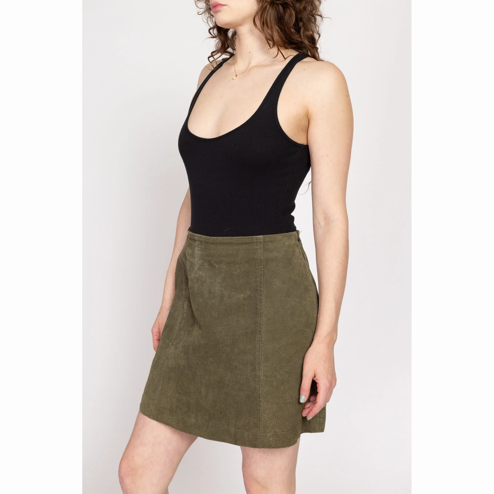 Medium 90s Olive Green Suede Mini Skirt 29