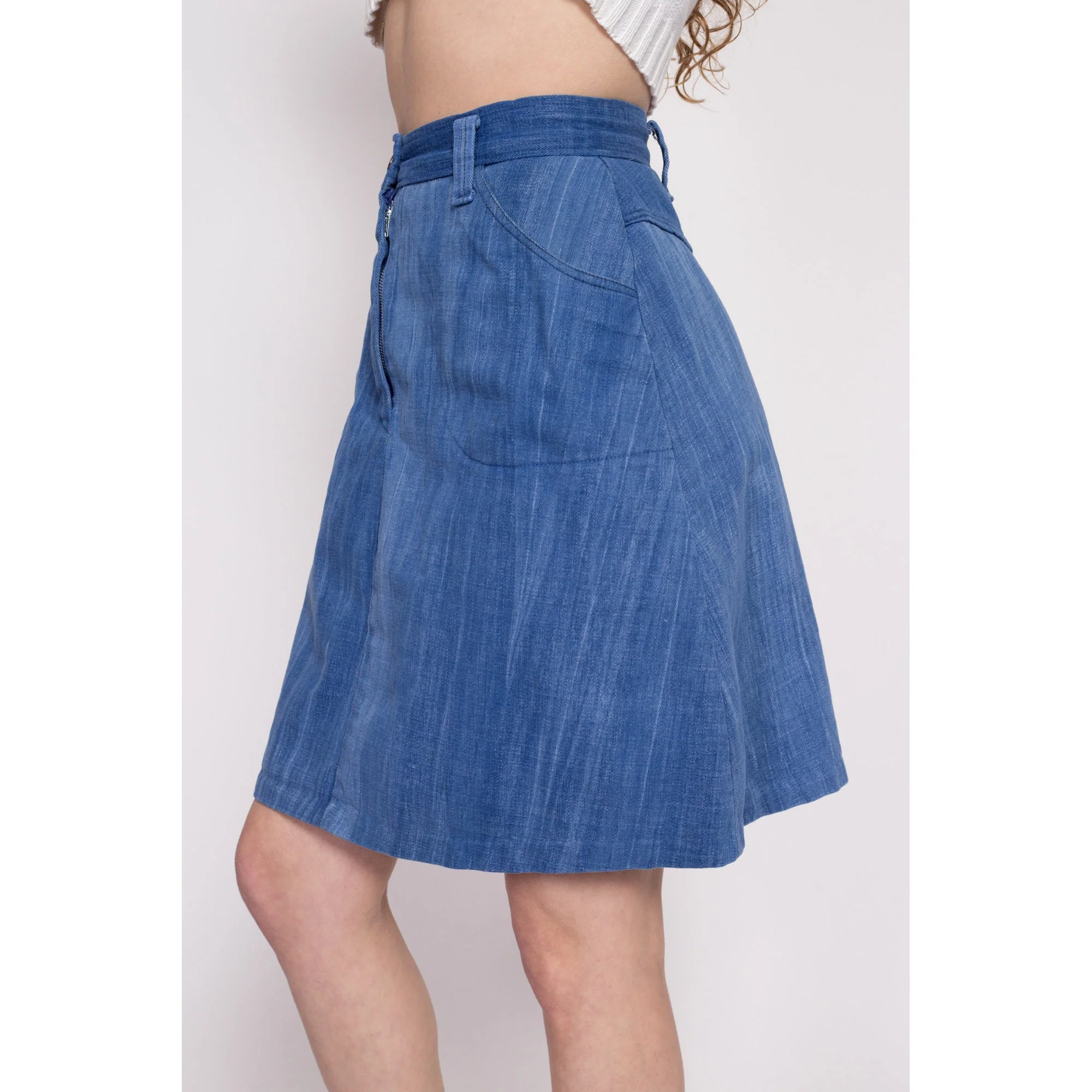 70s Boho Denim A Line Mini Skirt - Small, 26