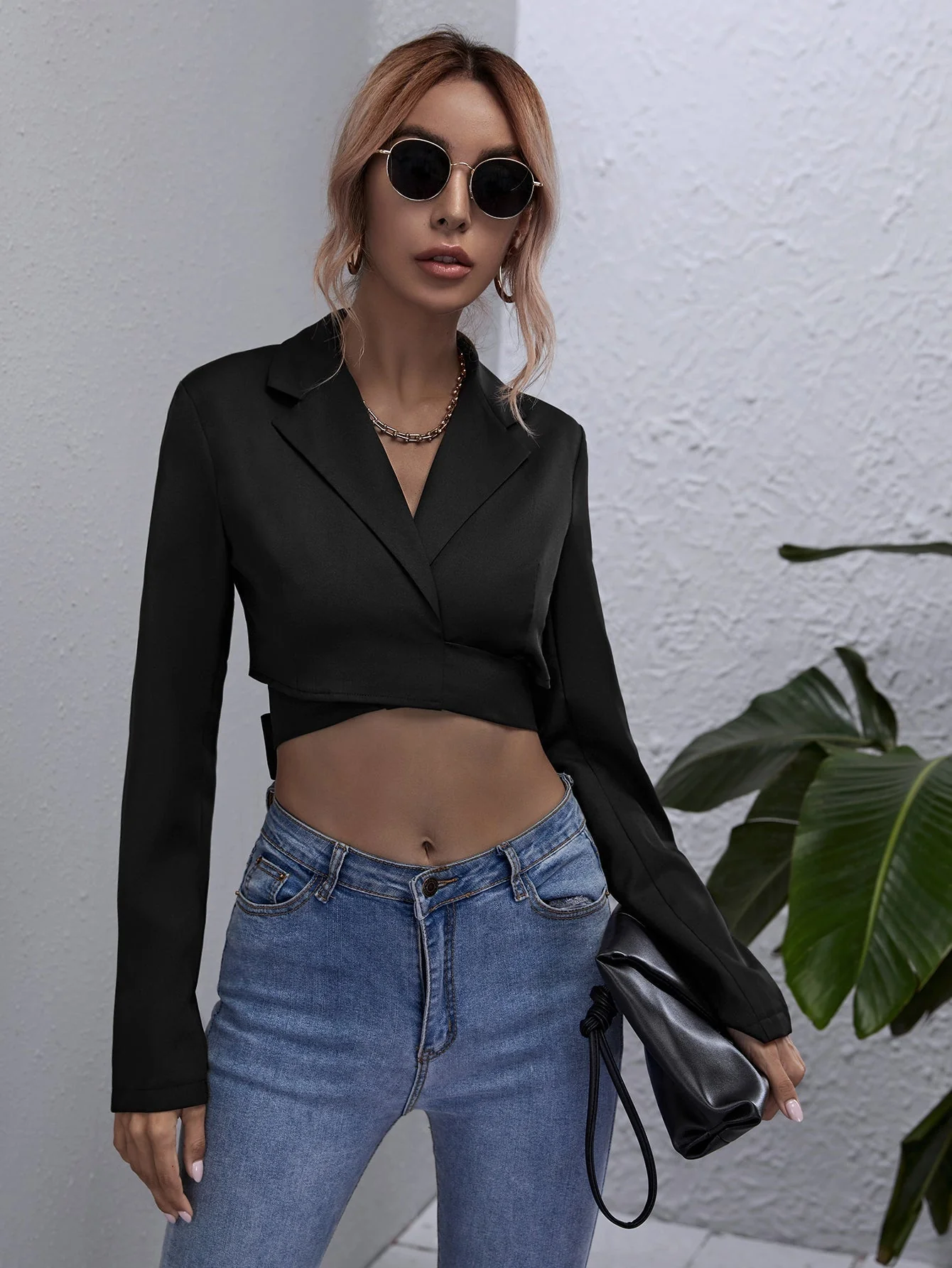 KittenAlarm - Lapel Neck Tie Back Crop Blouse