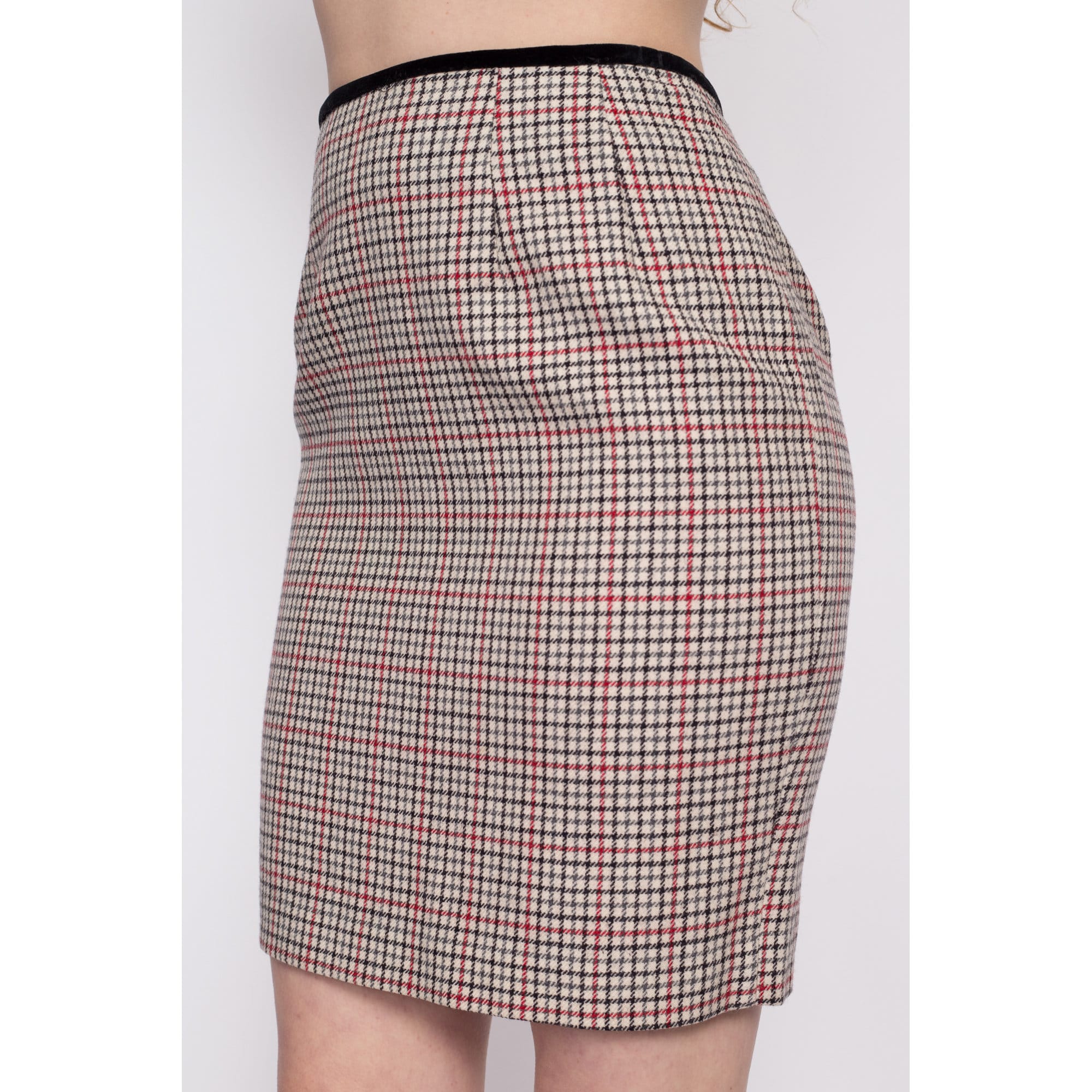 90s Plaid Wool Mini Pencil Skirt - Small, 27