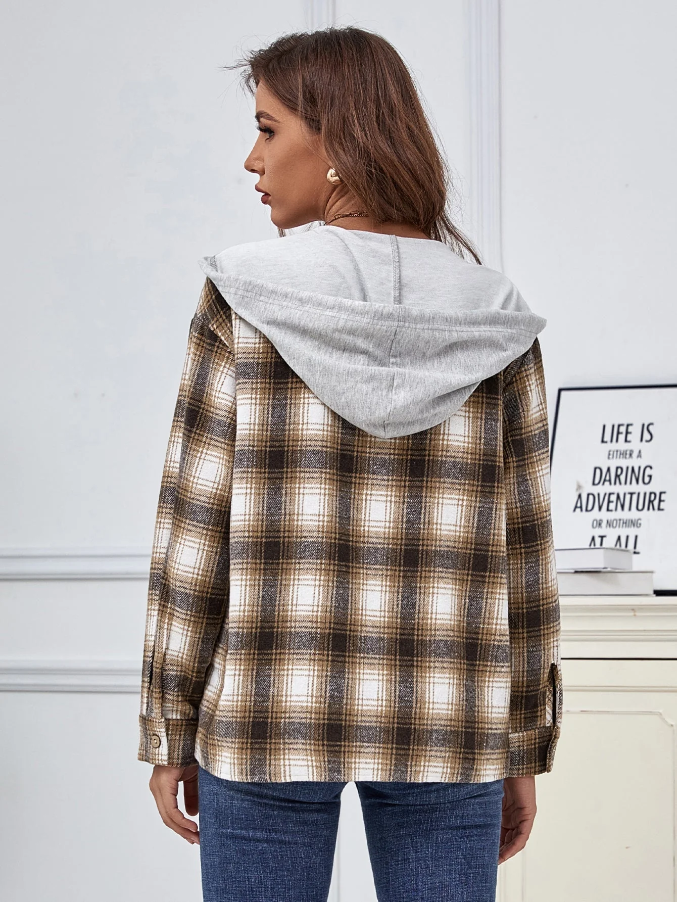 KittenAlarm - Contrast Hooded Plaid Blouse