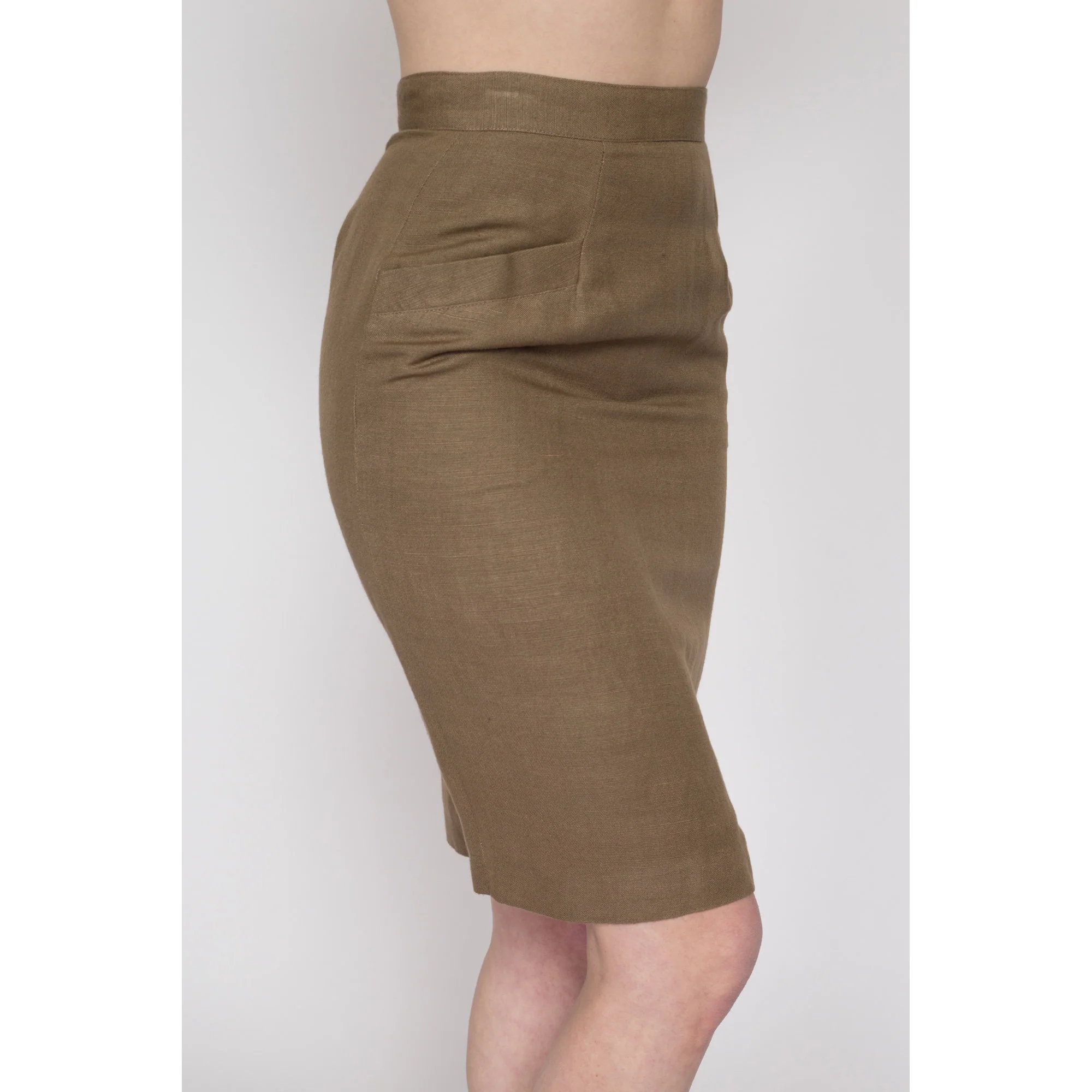 Small 90s Khaki Brown Linen Pencil Skirt 26