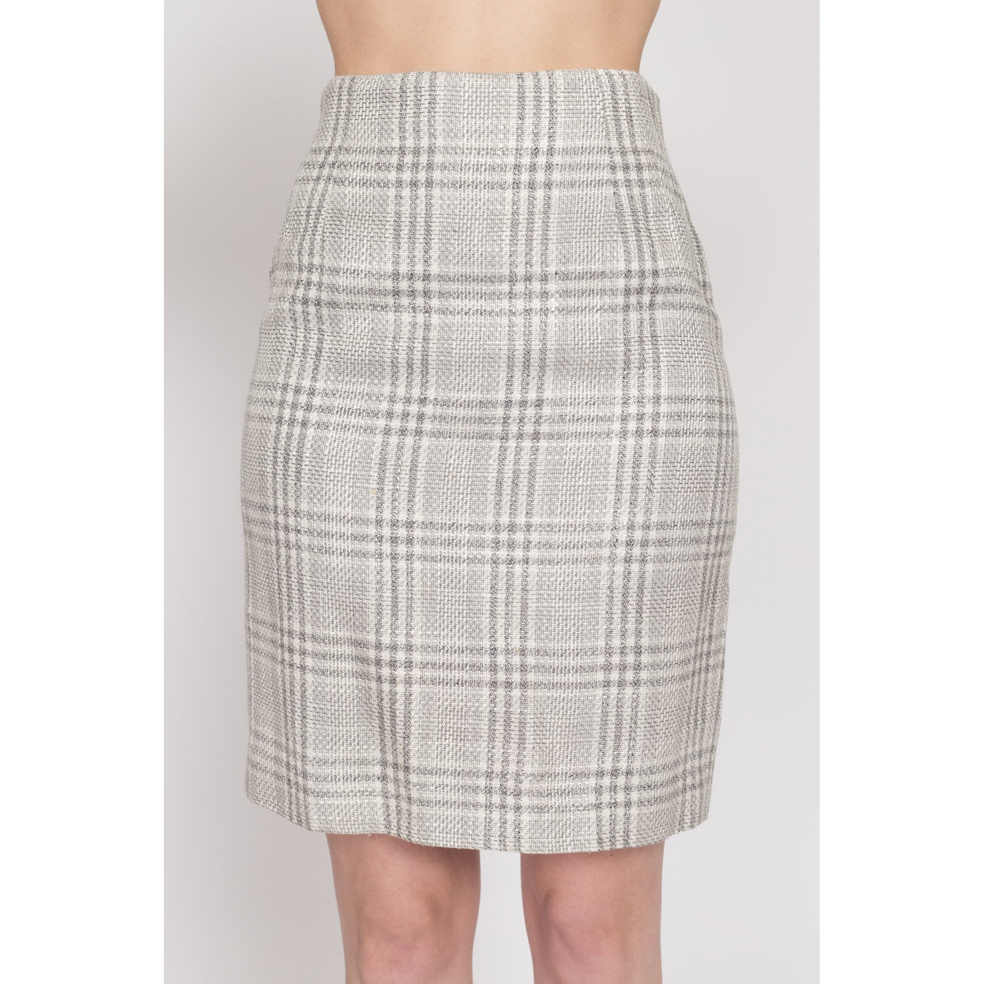 XS 90s Grey Plaid Woven Mini Pencil Skirt 24