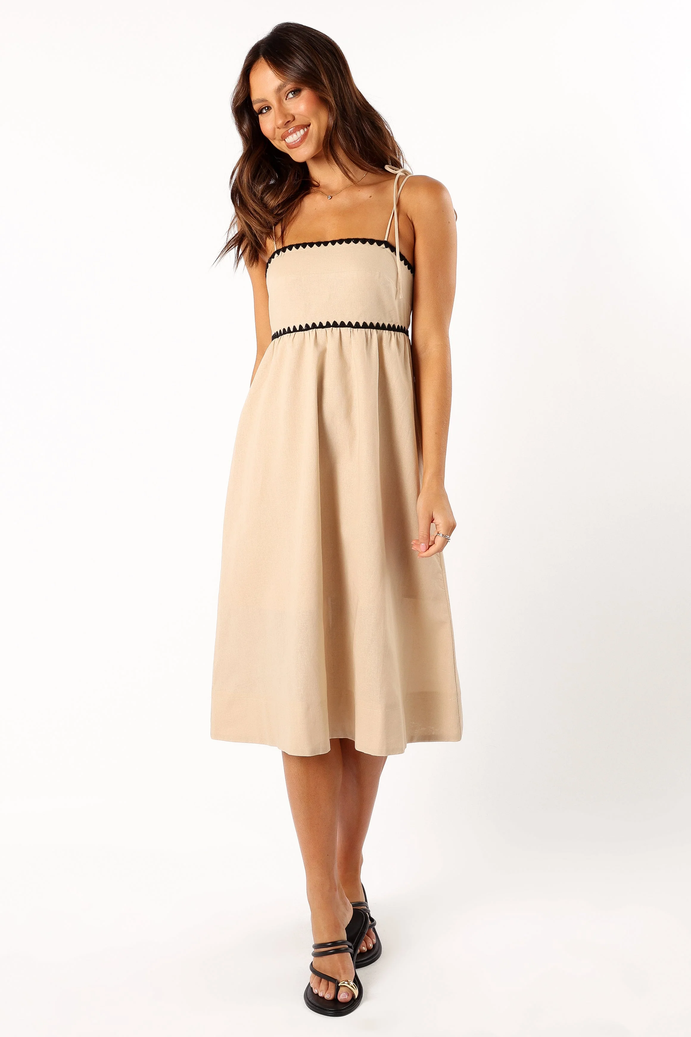 Lino Contrast Trim Midi Dress - Cream Black