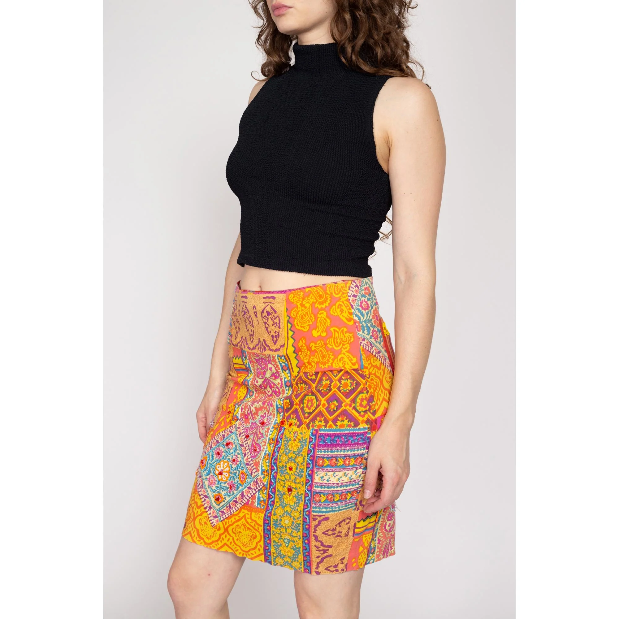 Small 90s Baroque Patchwork Print Beaded Mini Skirt