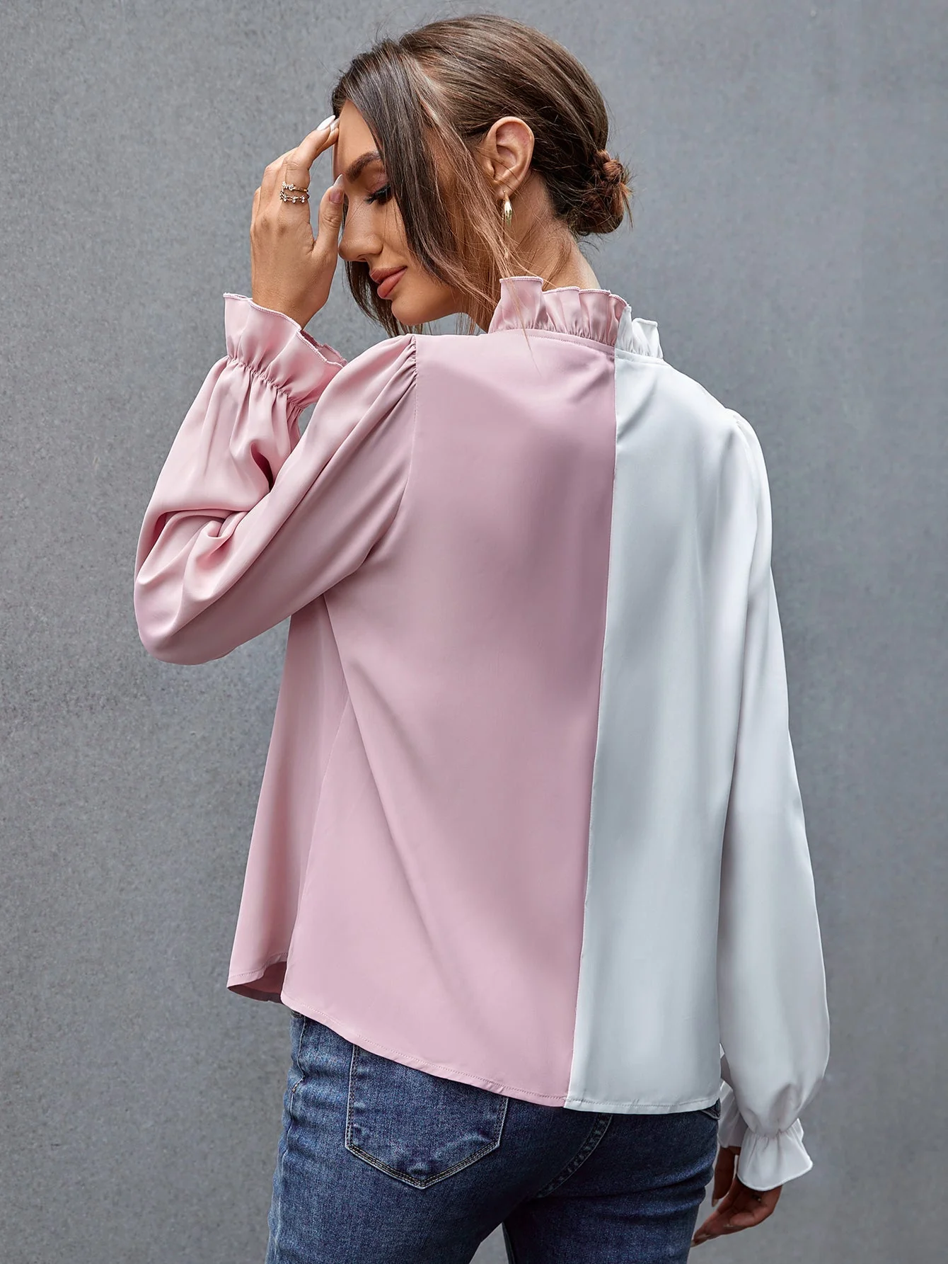KittenAlarm - Two Tone Ruffle Hem Blouse