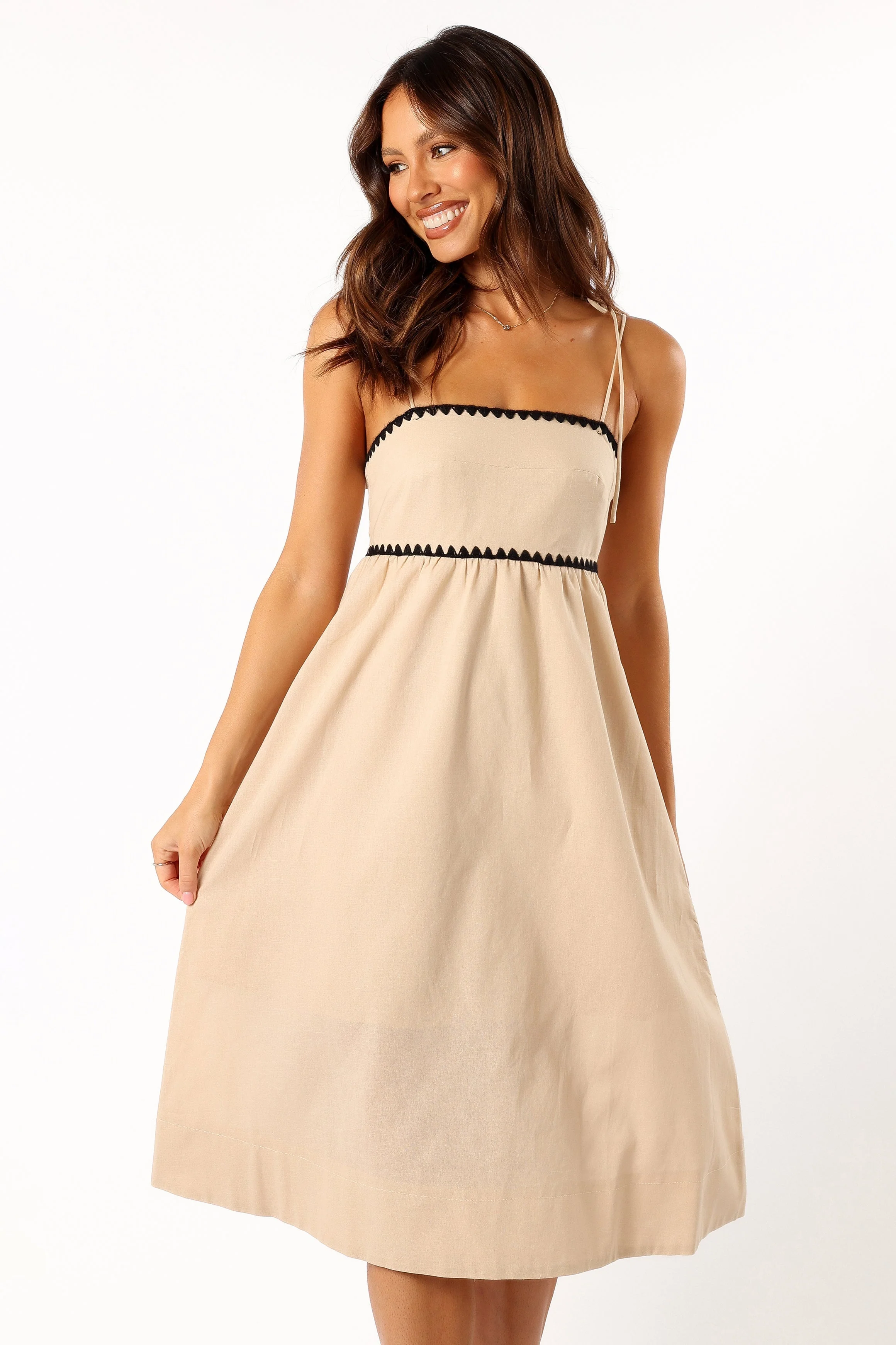 Lino Contrast Trim Midi Dress - Cream Black