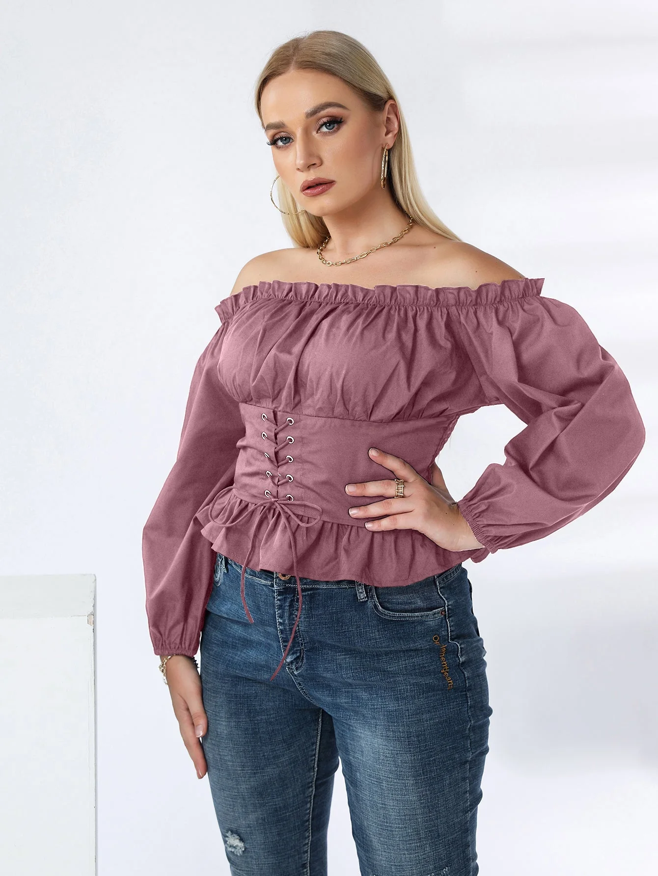 KittenAlarm - Plus Off Shoulder Lace Up Ruffle Hem Peplum Blouse