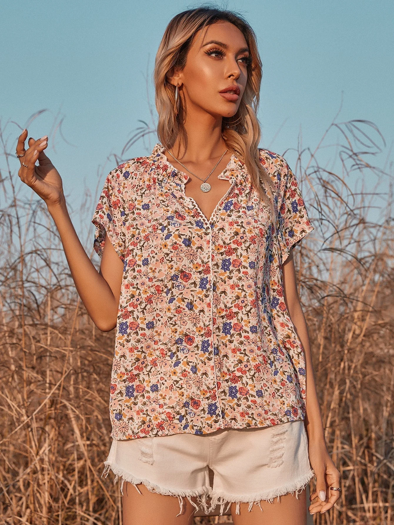 KittenAlarm - V-neck Floral Short-sleeved Chiffon Shirt Blouse