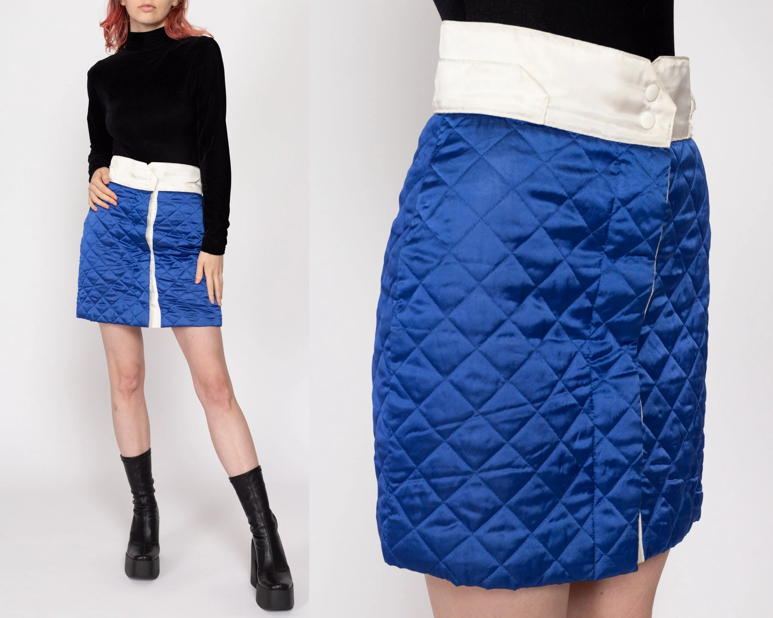 XS-Sm 90s Blue Quilted Satin Boxing Mini Skirt 26