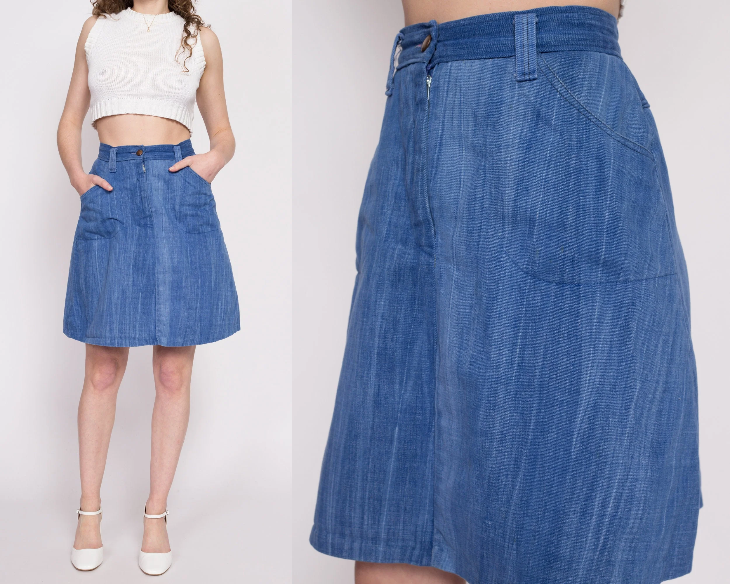 70s Boho Denim A Line Mini Skirt - Small, 26