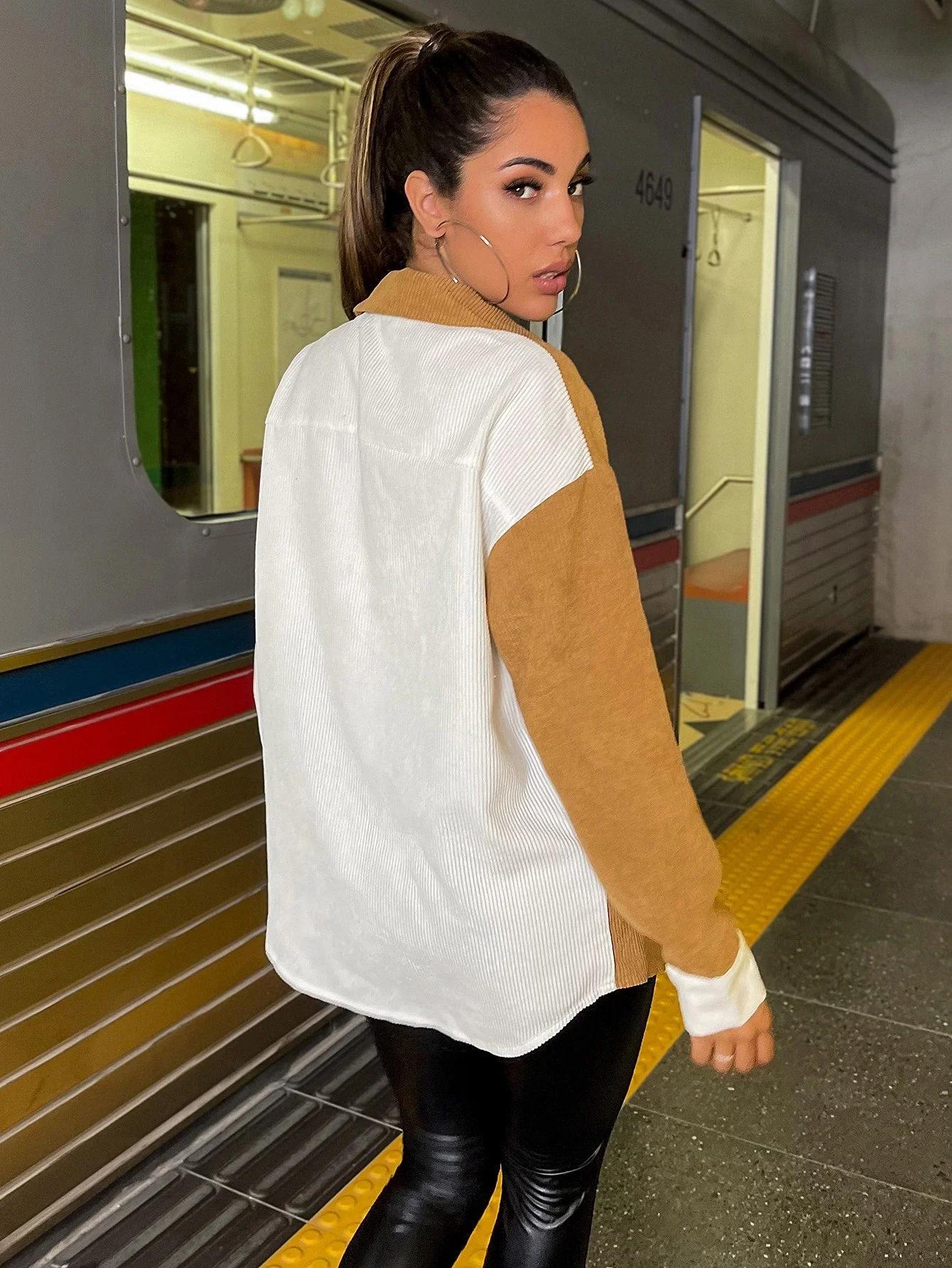 KittenAlarm - Color-block Drop Shoulder Button Front Blouse