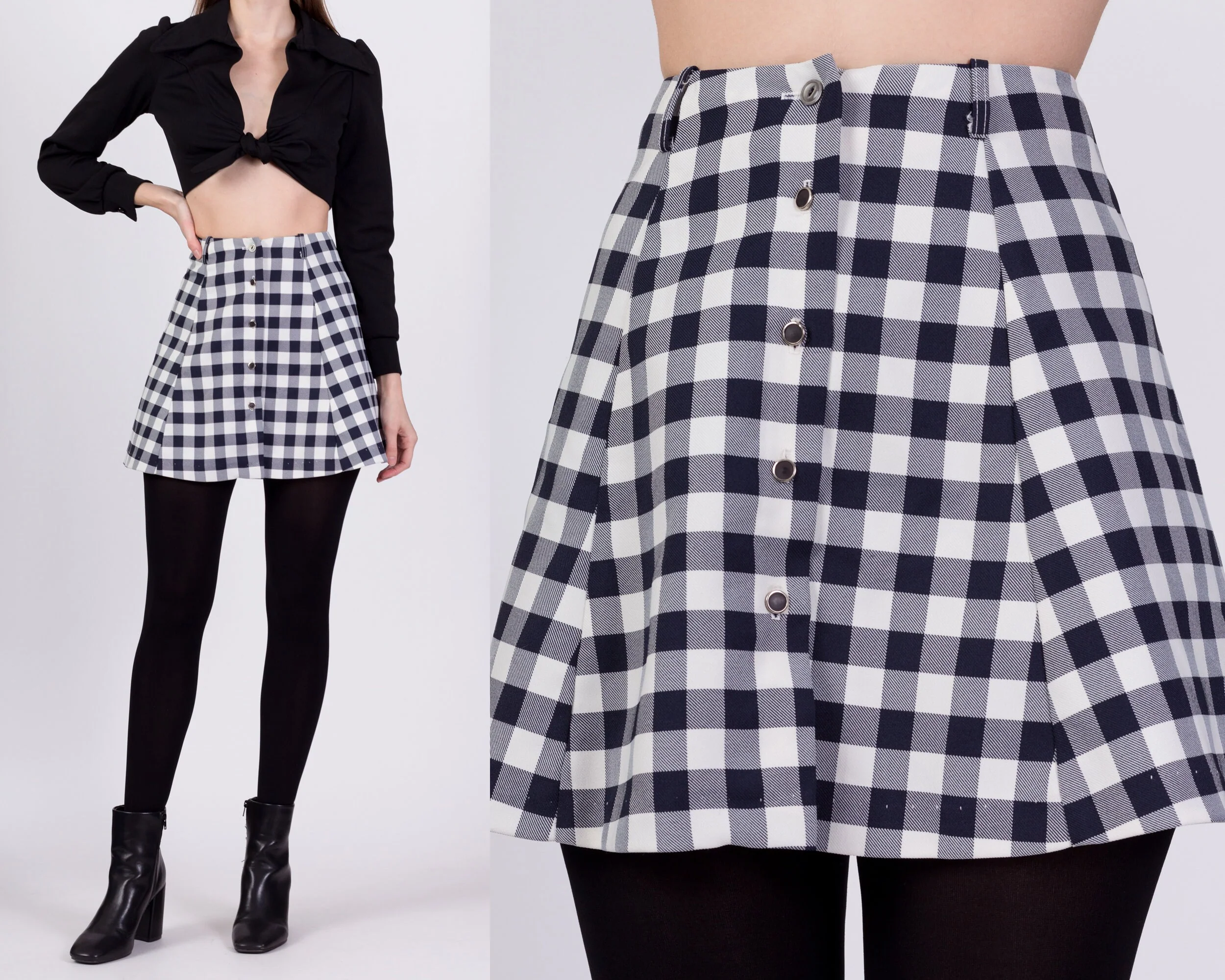 70s Gingham Button Front Mini Skirt - Extra Small, 23