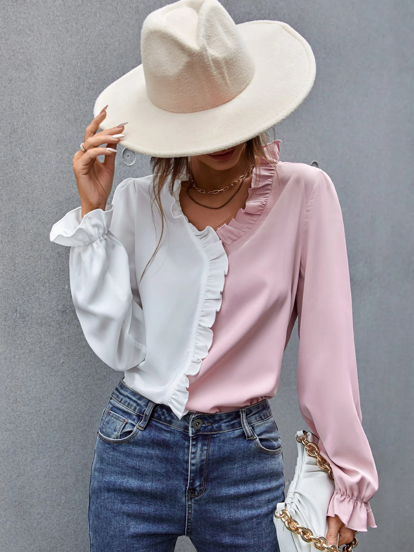 KittenAlarm - Two Tone Ruffle Hem Blouse