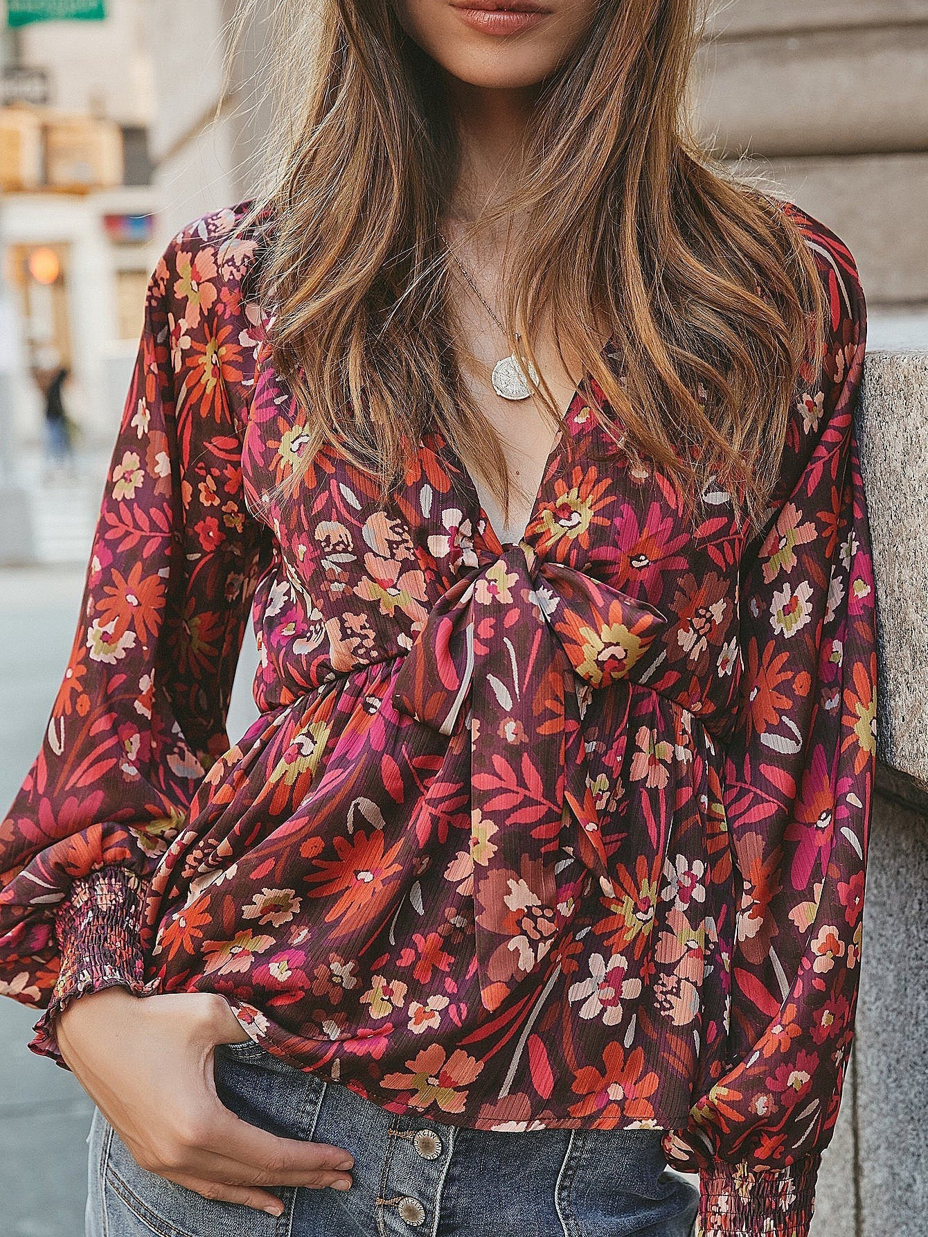 KittenAlarm - Women Deep V Neck Bow Front Long Sleeve Print Blouse