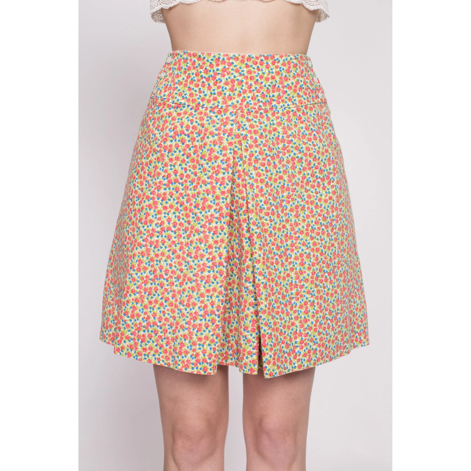70s Calico Floral Pleated Mini Skirt - Extra Small, 23