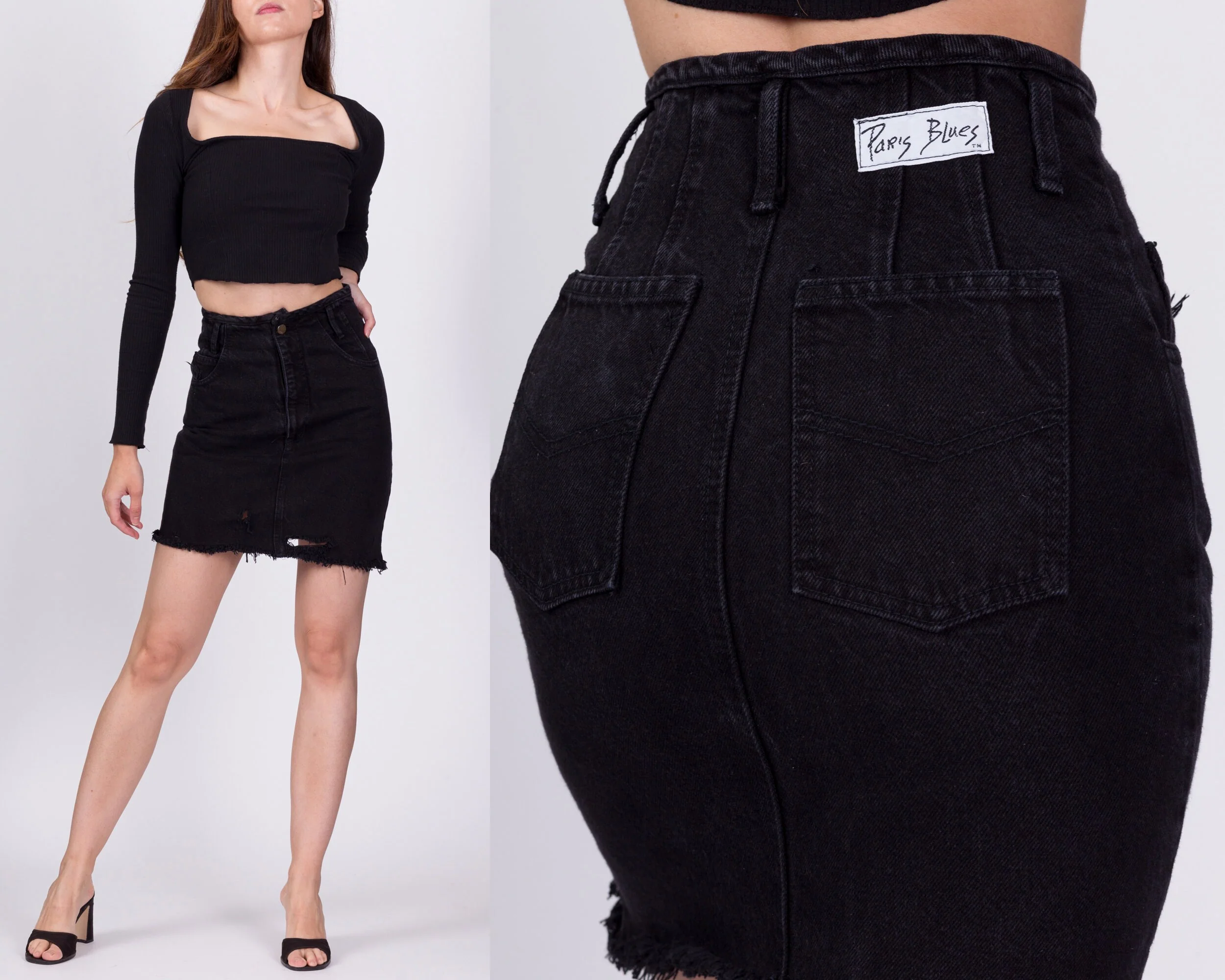 90s Black Denim High Waist Mini Skirt - XXS, 22.5