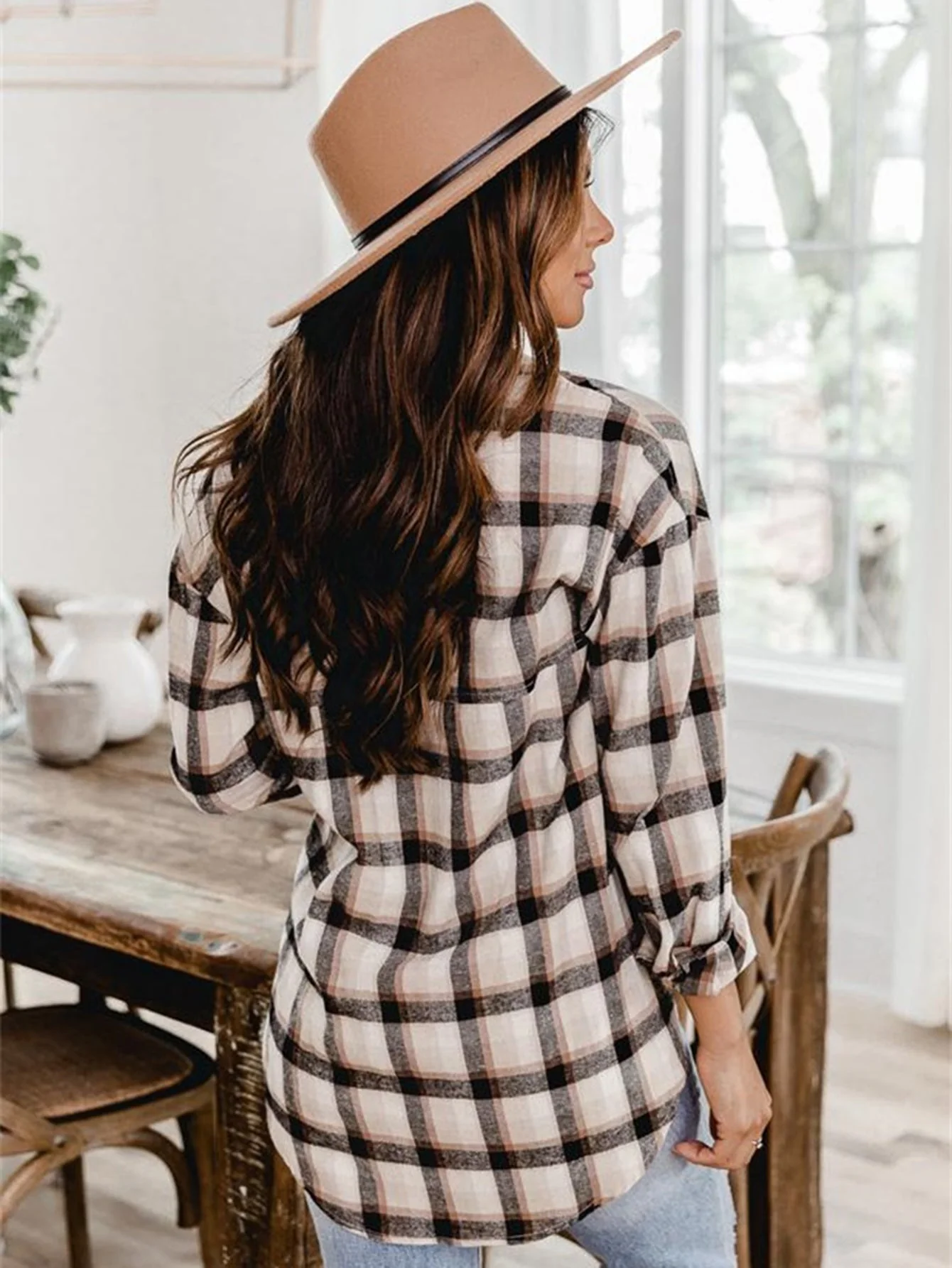 KittenAlarm - Plaid Print Drop Shoulder Blouse