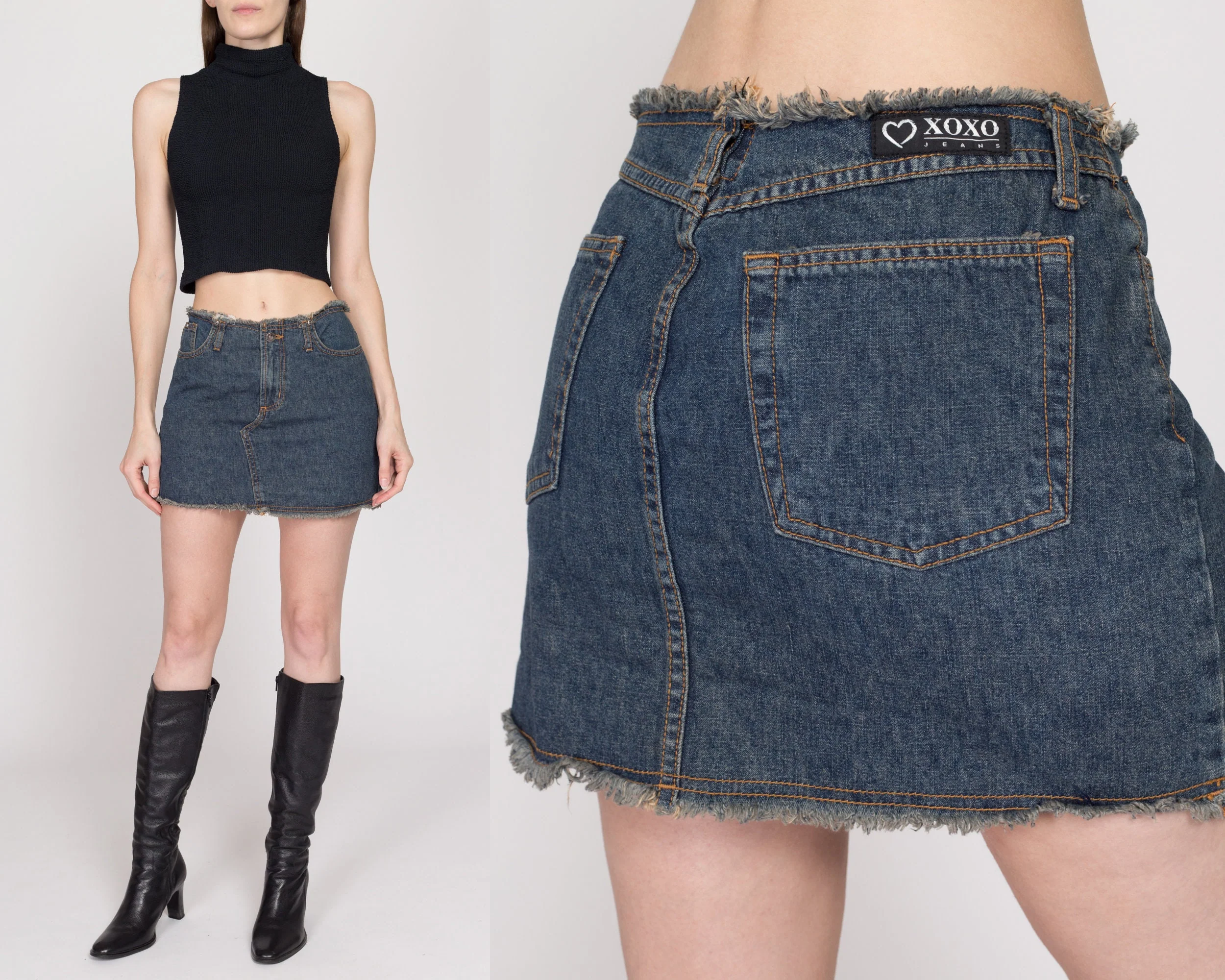 Medium Y2K Low Rise Frayed Denim Mini Skirt