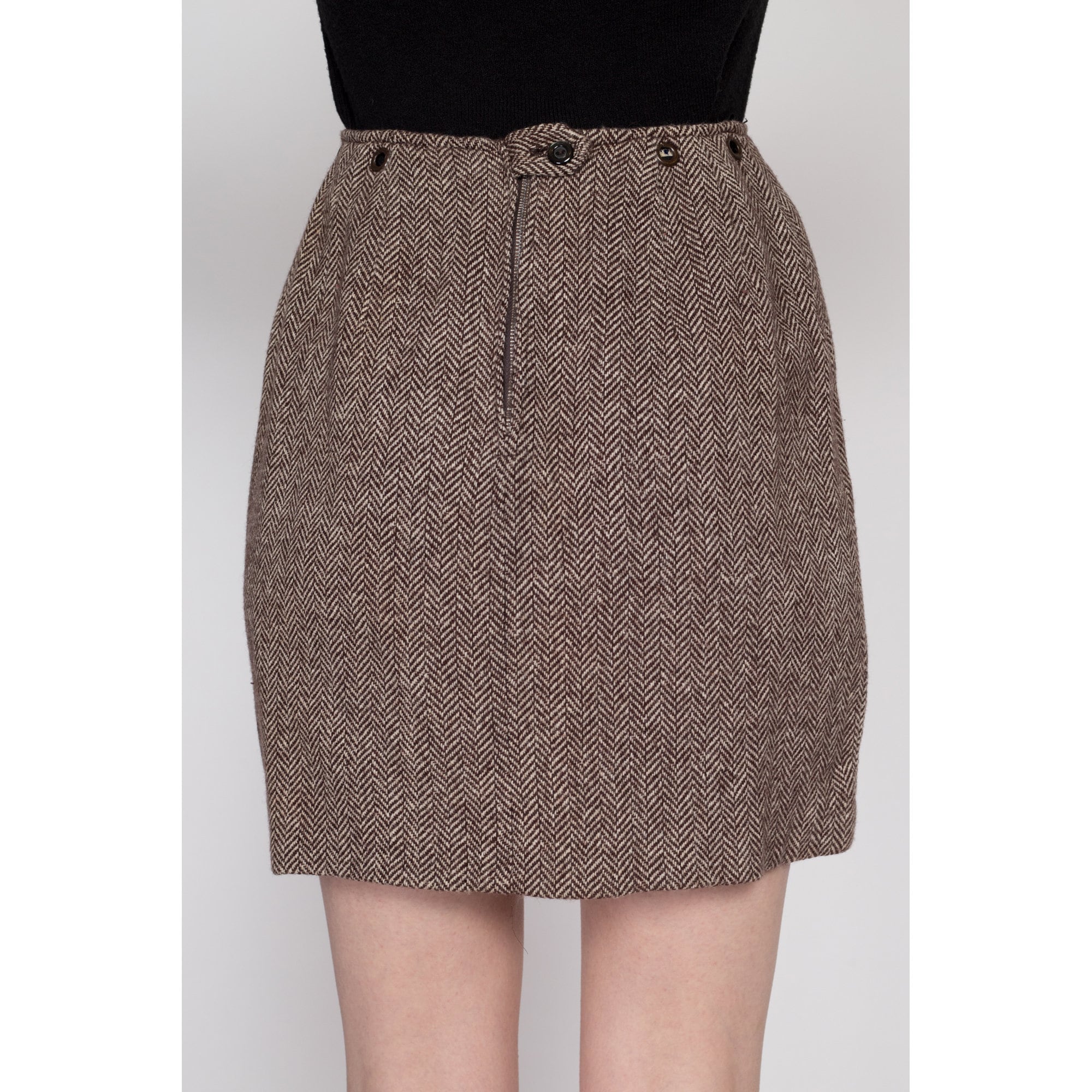 XS 60s Herringbone Wool Grommet Waist Mini Skirt 25