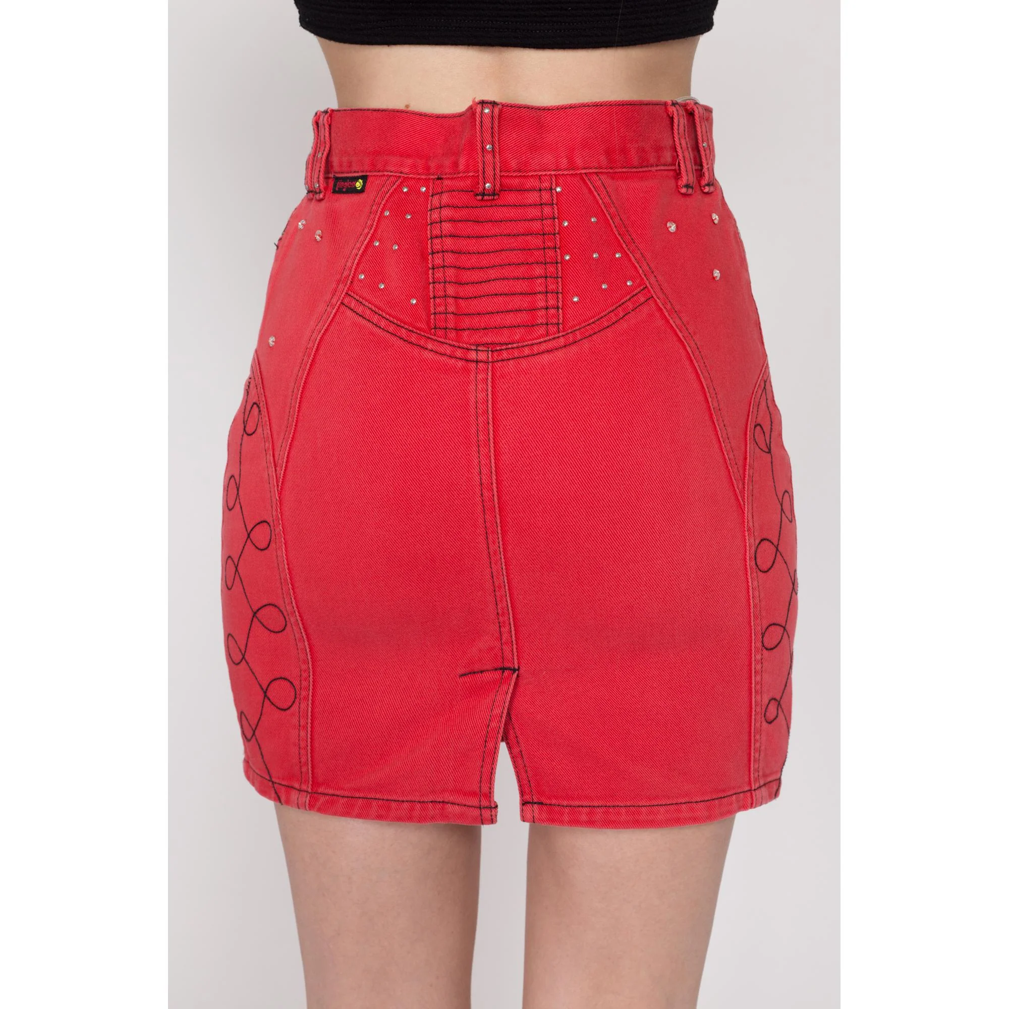 Small 90s Red Denim Embellished Mini Skirt 27