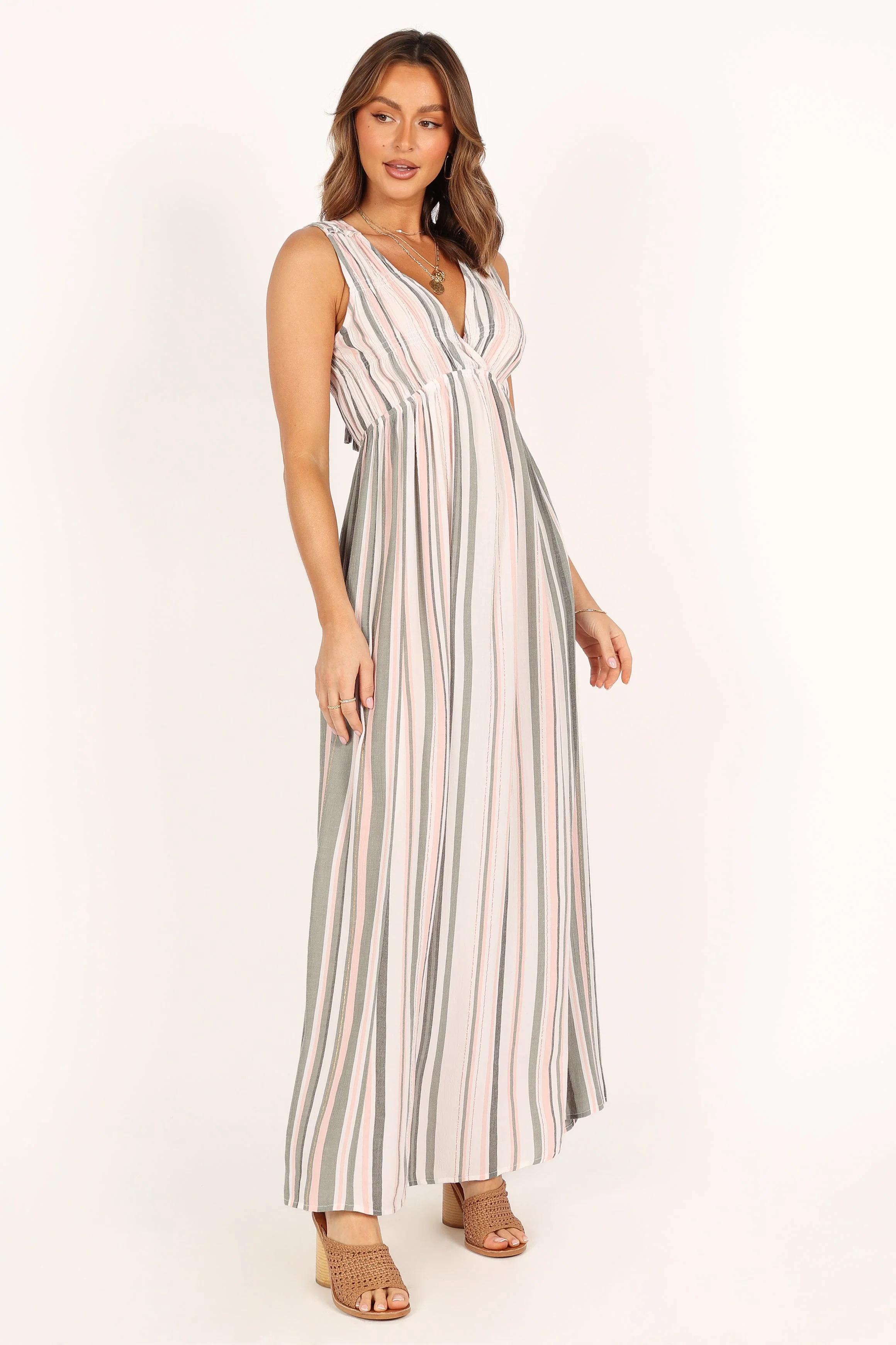 Judd V Neck Maxi Dress - Olive Stripe