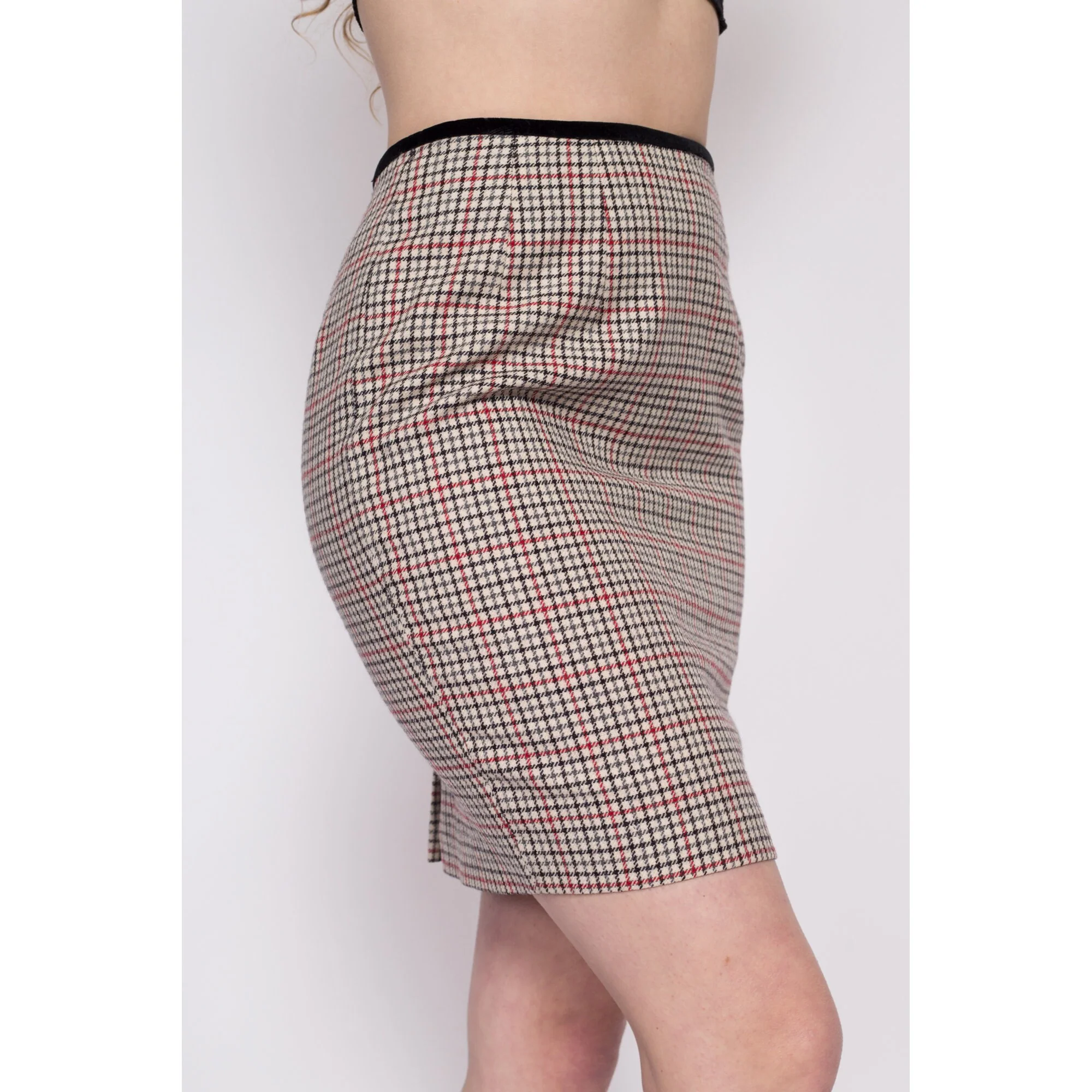 90s Plaid Wool Mini Pencil Skirt - Small, 27