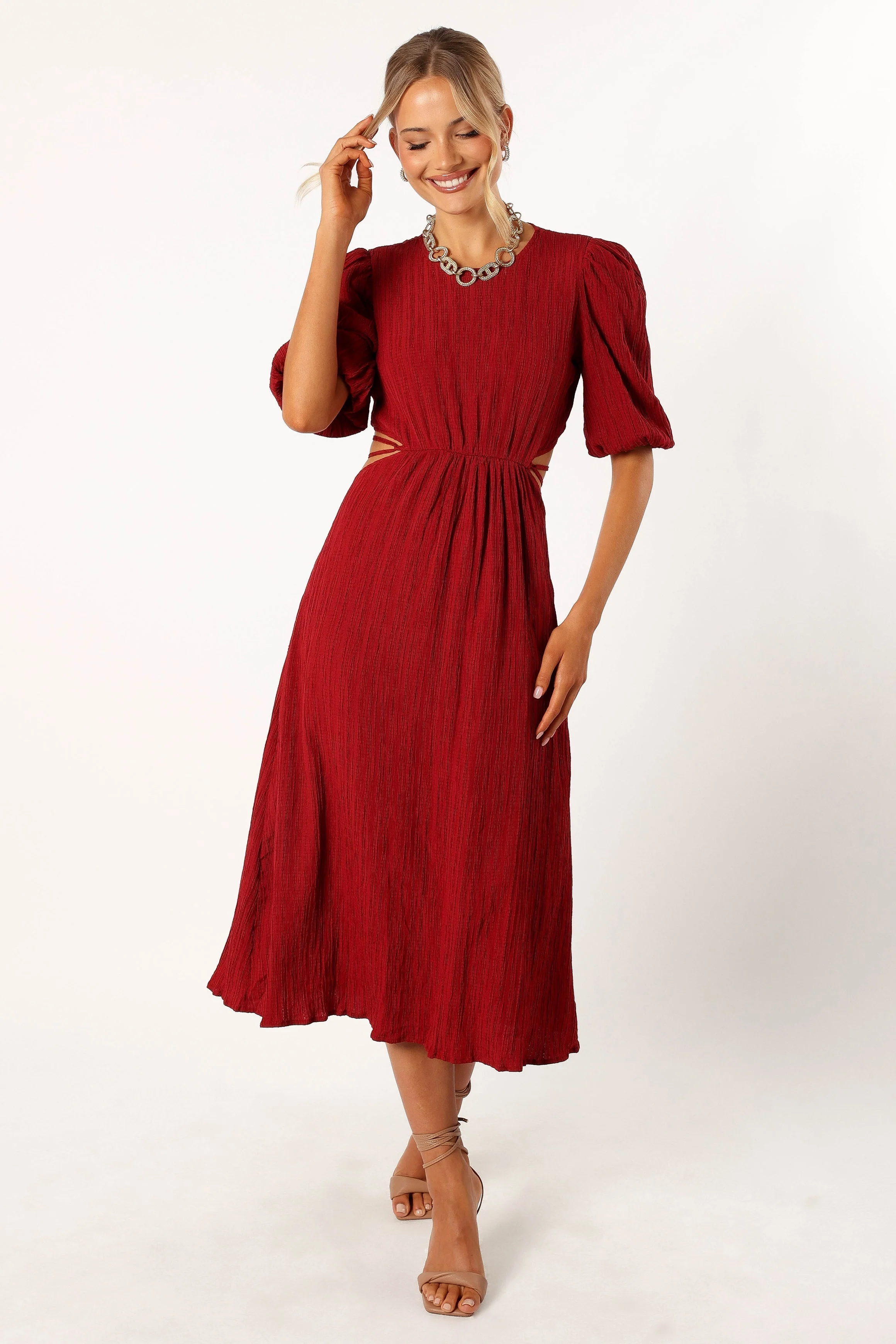 Carina Pleated Midi Dress - Dark Red
