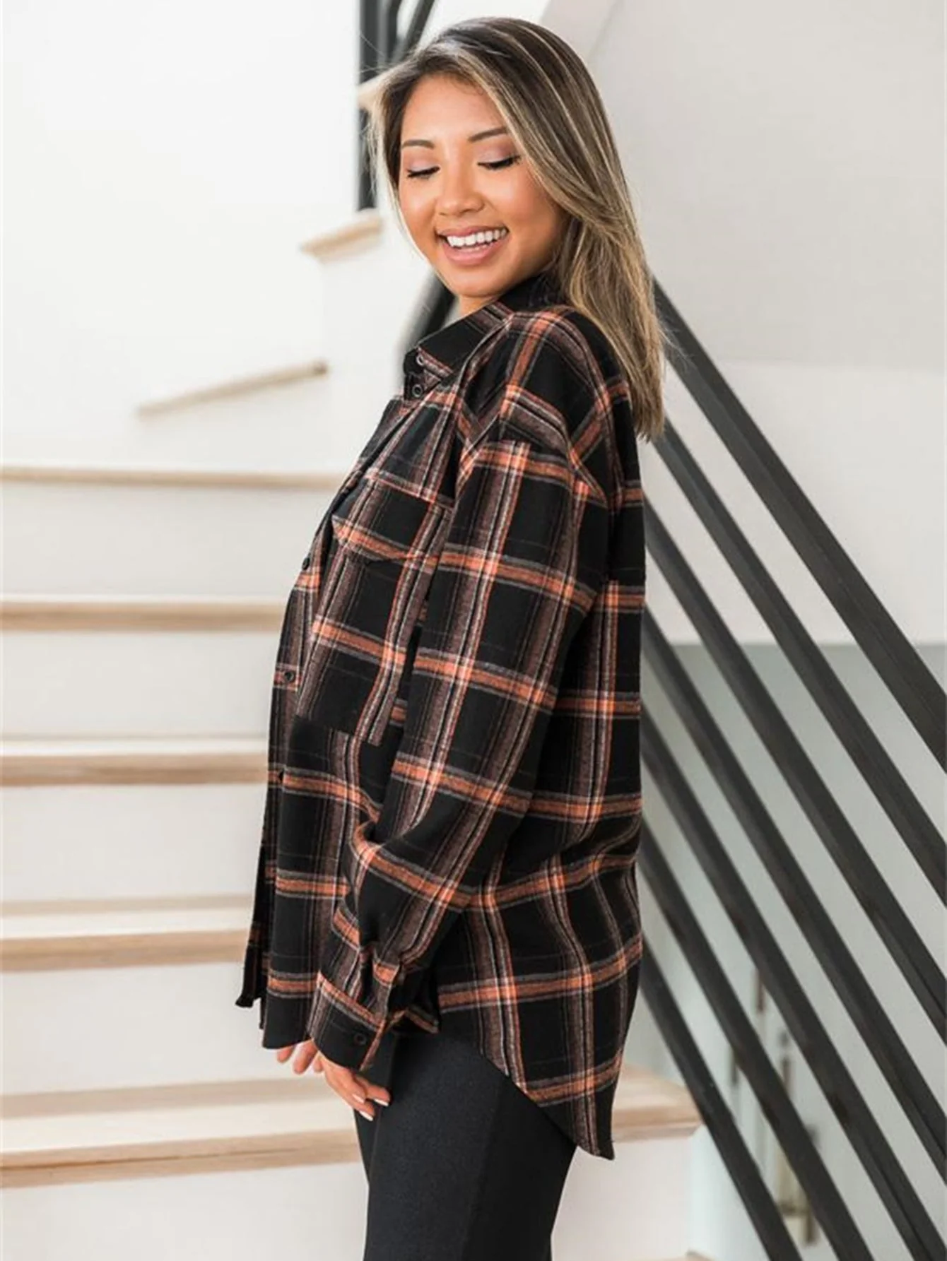 KittenAlarm - Plaid Print Drop Shoulder Blouse