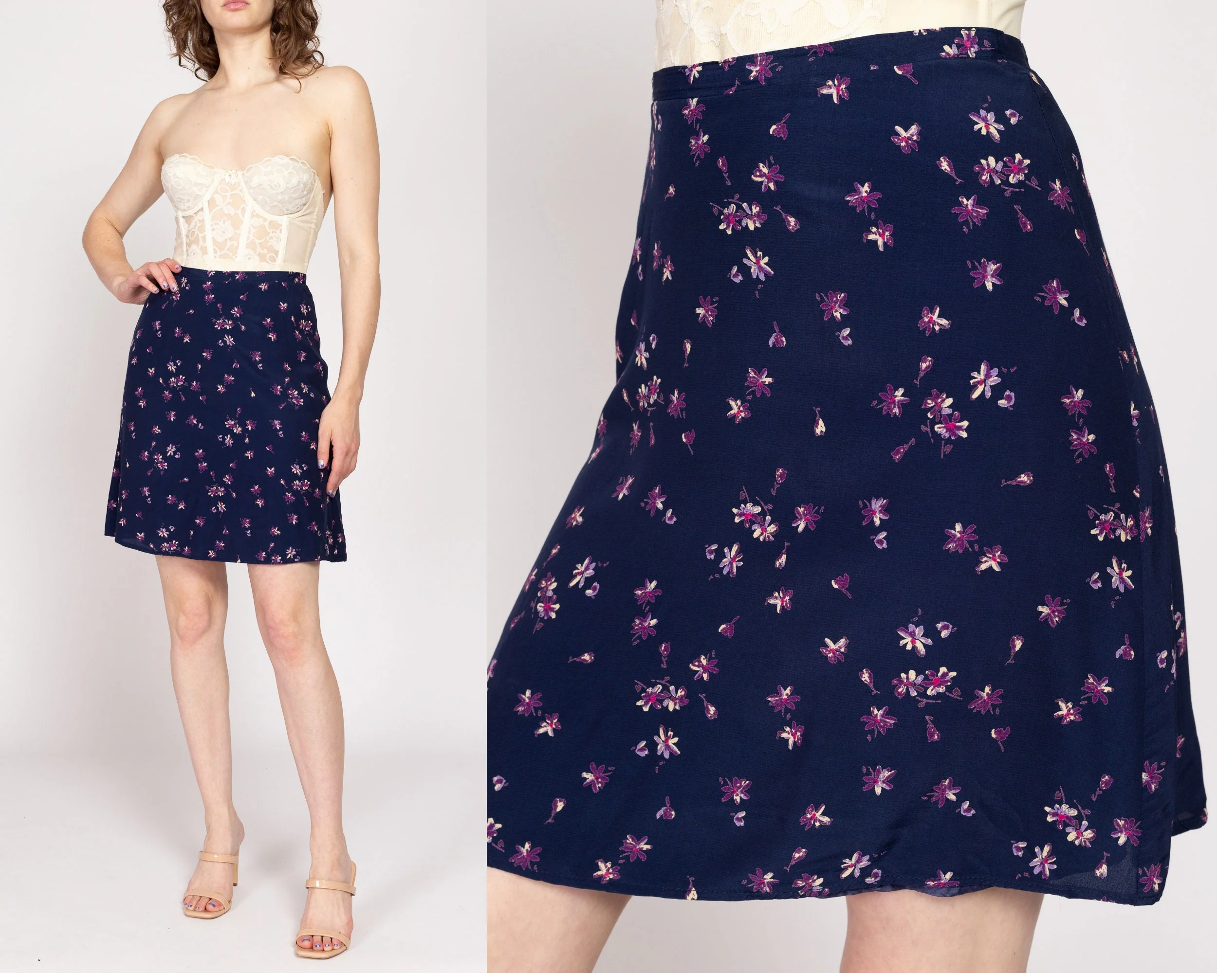 Medium 90s Navy Blue Floral Grunge Mini Skirt 27.5