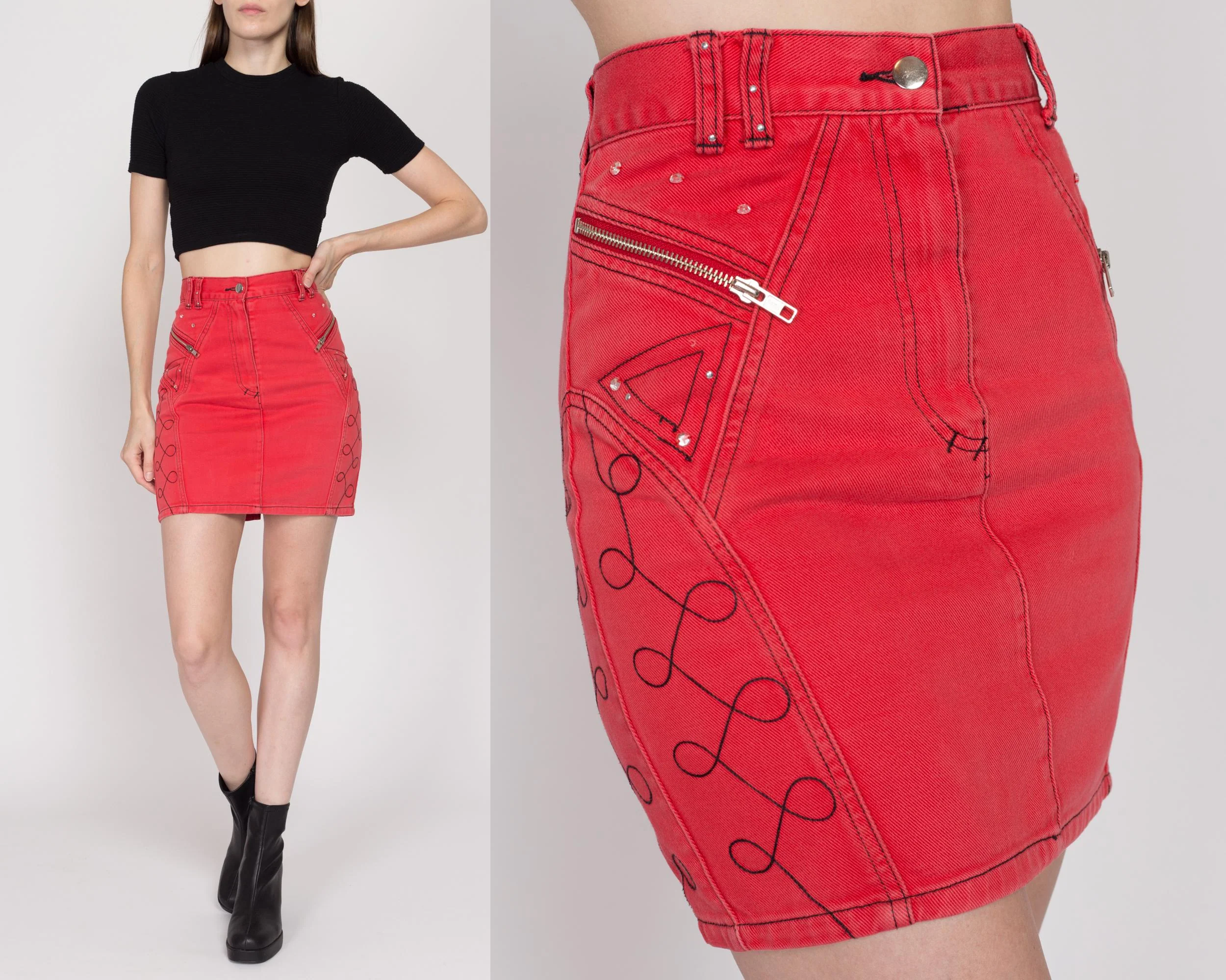 Small 90s Red Denim Embellished Mini Skirt 27