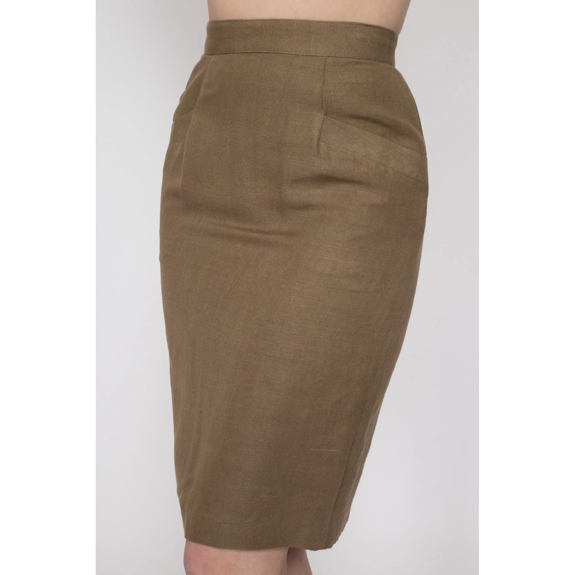 Small 90s Khaki Brown Linen Pencil Skirt 26