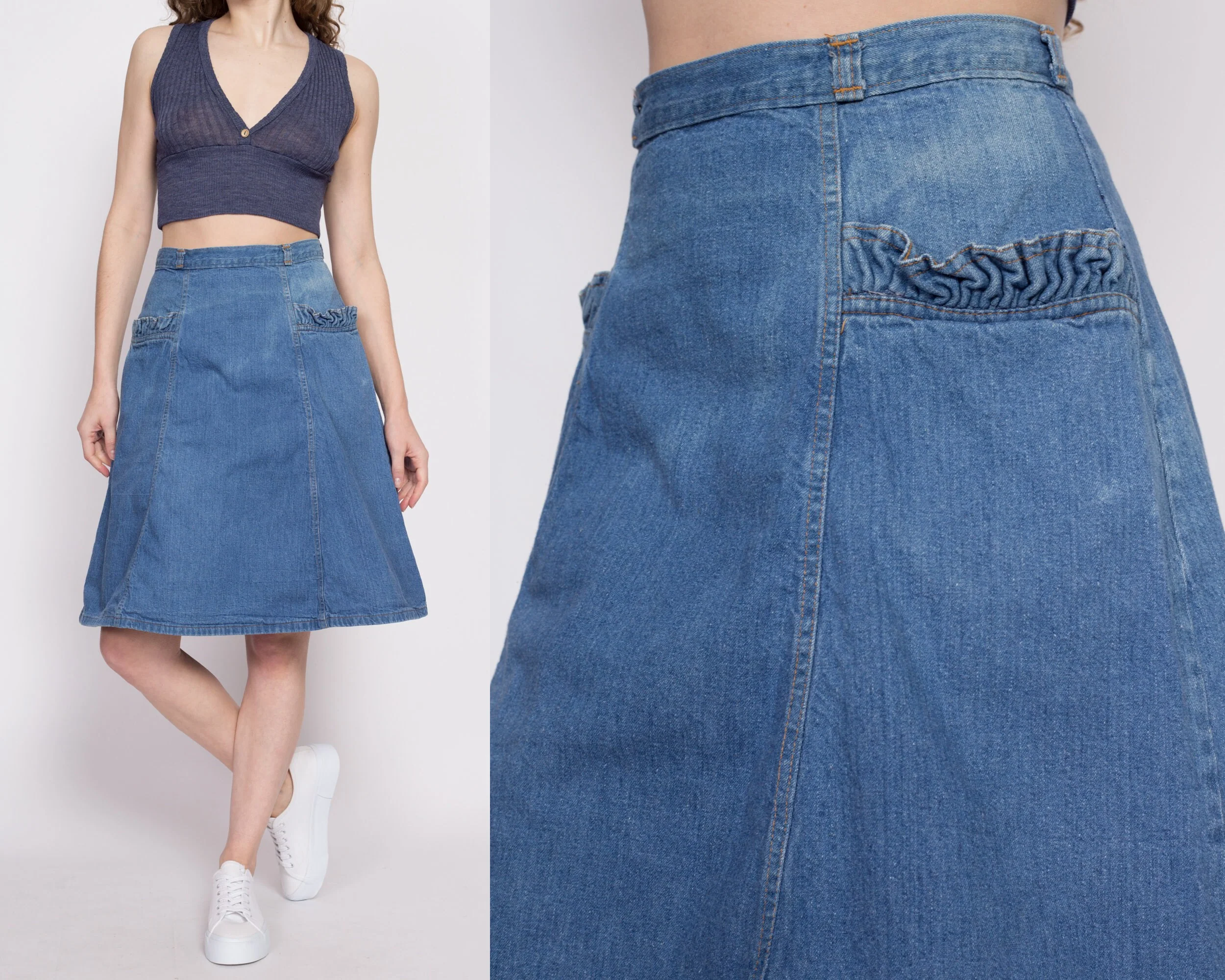 70s Denim Ruffle Pocket A-Line Skirt - Small, 27