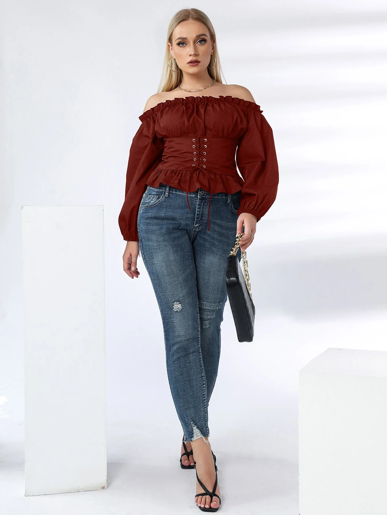 KittenAlarm - Plus Off Shoulder Lace Up Ruffle Hem Peplum Blouse