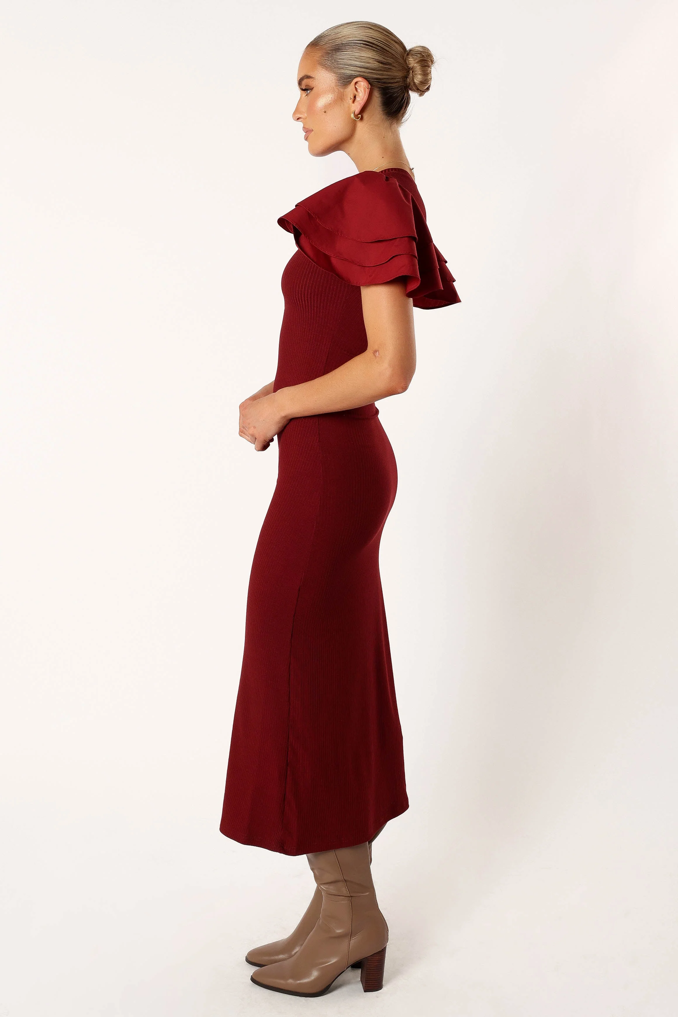 Cally Ruffle Sleeve Midi Dress - Wine